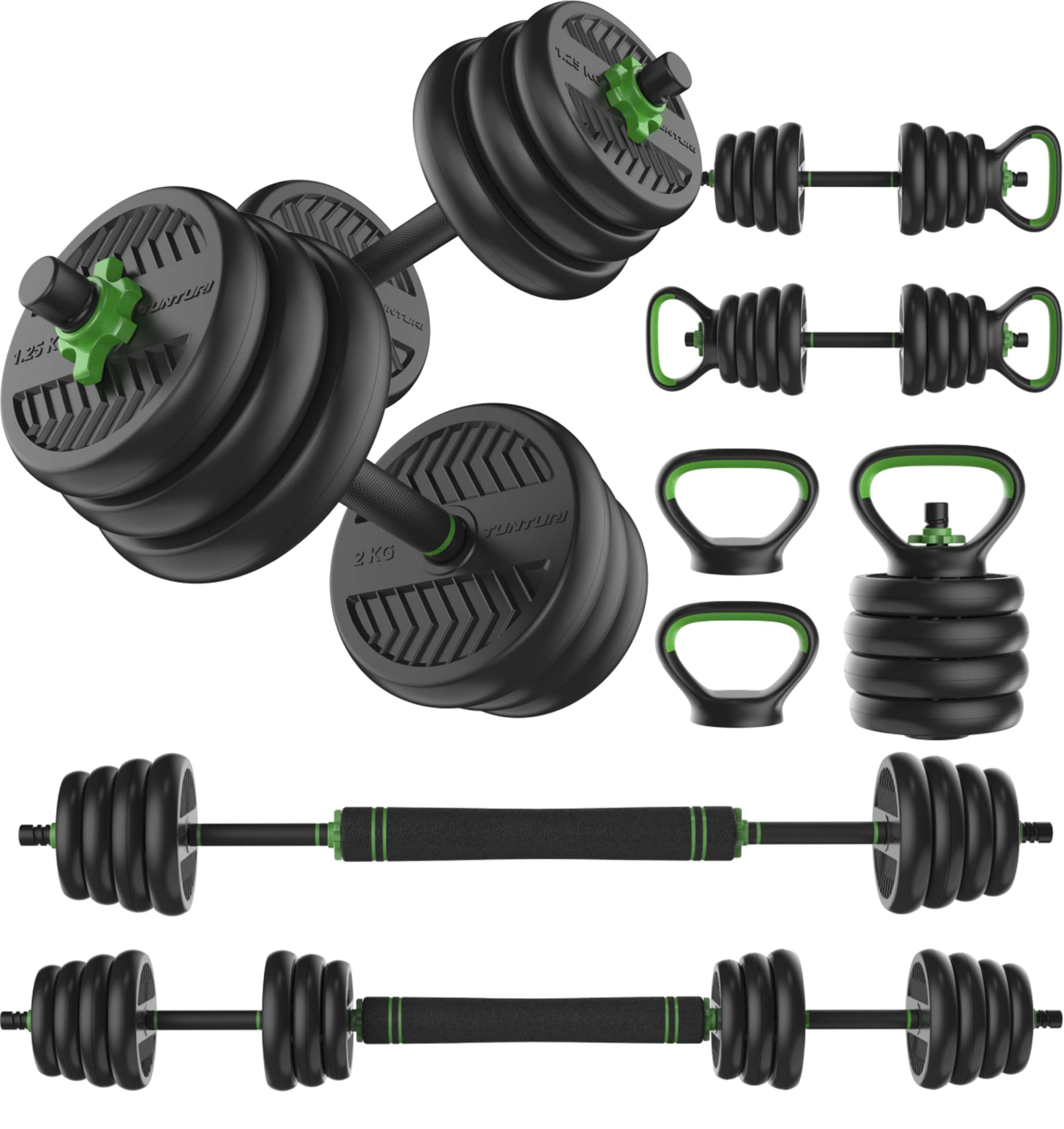 Tunturi Hantelset und Kurzhanteln Vinyl 20-28 kg – Gewichte-Set mit Kettlebell und Langhantel – Liegestützgriffe – Sternverschluss 30 mm – Rutschfester Griff