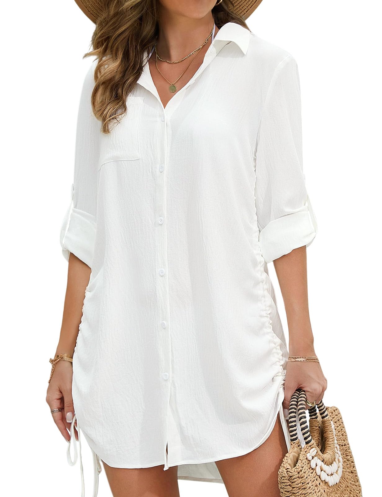 Voqeen Mujer Vestido de Playa Verano Cuello en V Cárdigan con Cordón con Botones Pareos y Camisolas de Bikini Cover up Traje de Baño Largo Blusas Suelto Tunica Color Sólido Vacaciones