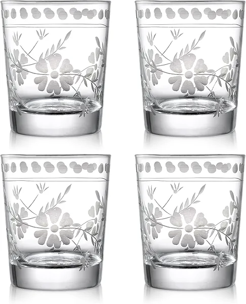 Joeyan Hand Blown Etched Drinking Glasses,Clear Water Glass Cups with Floral Pattern,Aesthetic Tumblers Glassware Set for Beverages Juice Cocktail Whiskey,9 oz,Set of 4,Dishwasher Safe