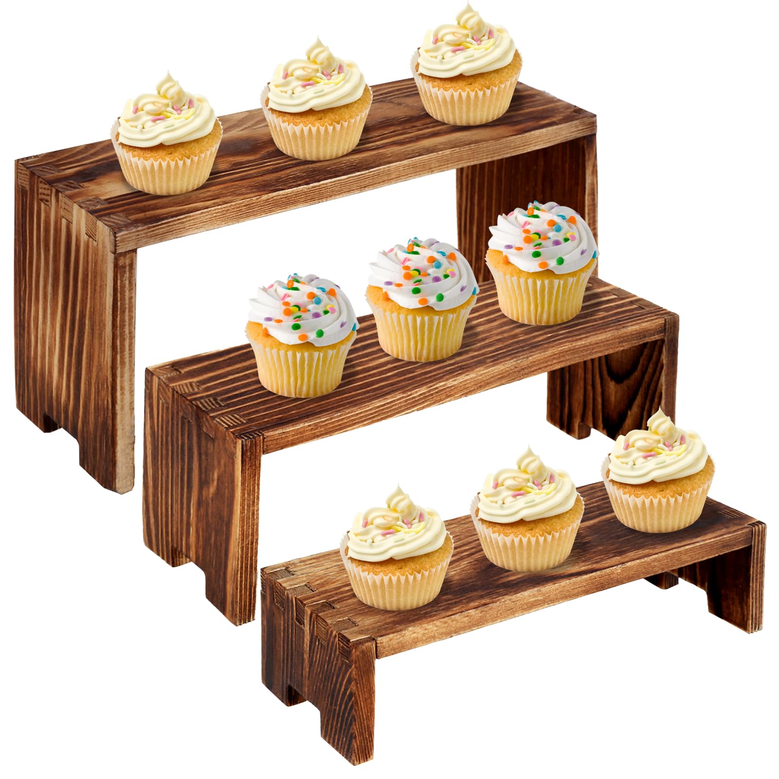 Alongen Original Wood Color 3Pcs Wood Display Risers, Rectangular Pine Display Stands Stackable Wood Cake Riser Stands Decorative Rack Shelf Organizer For Flowers Desserts Cupcake Dolls