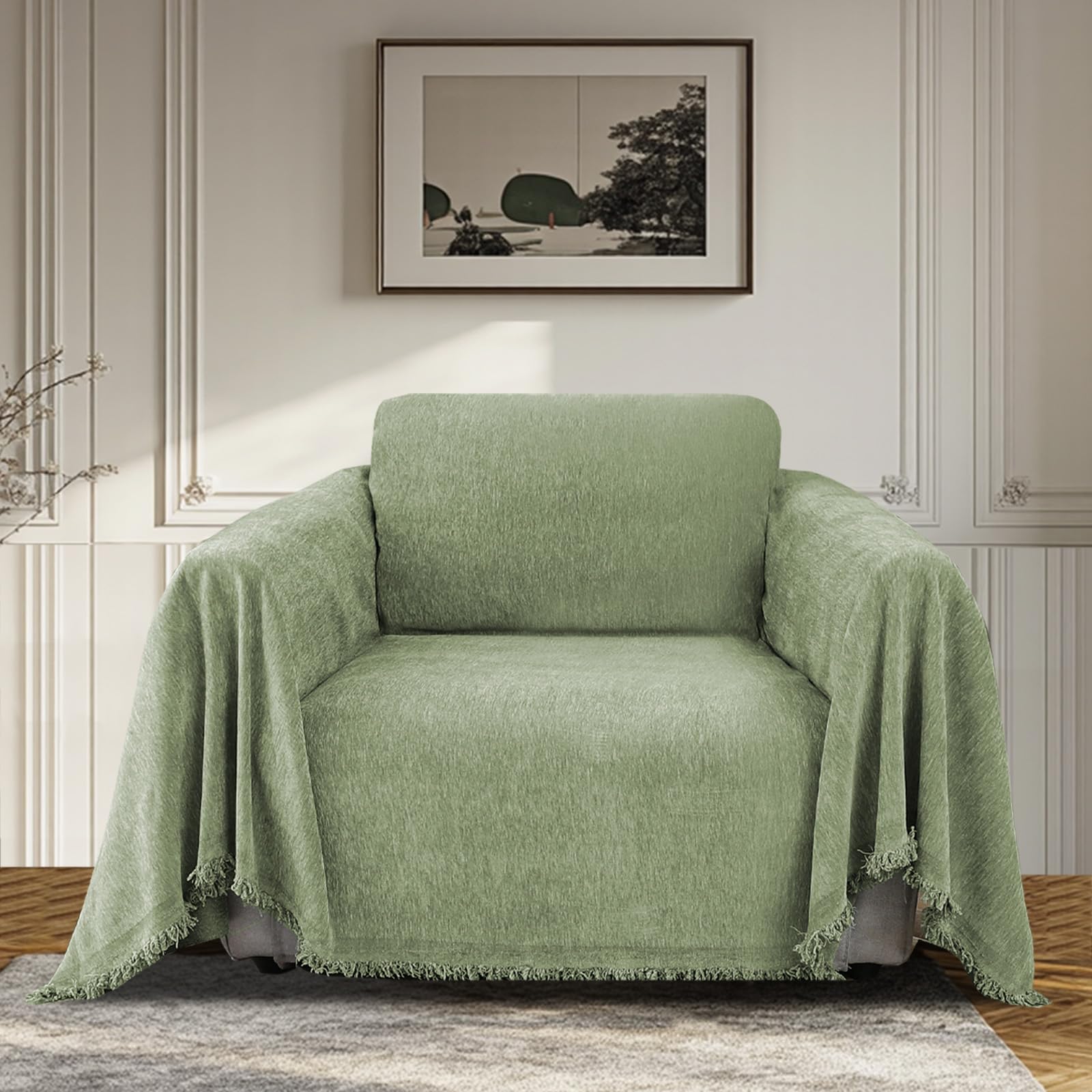 Bellahills Green Sofa Cover 3 Seater Chenille Sofa Covers 2 Seater Armchair Covers L Shape Sofa Slipcover Non-Slip Couch Covers With Tassel Sofa Protector From Dogs, 180X230cm,