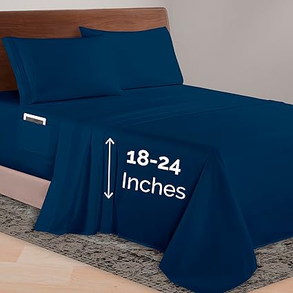 Elegant Comfort Luxurious 1500 Premium Hotel Quality Microfiber 4-Piece Sheet Set, 18-24 Inches Deep - Extra Deep Pocket Sheets - Ultra Soft 4PC Deep Pocket Sheets, Queen, Navy Blue