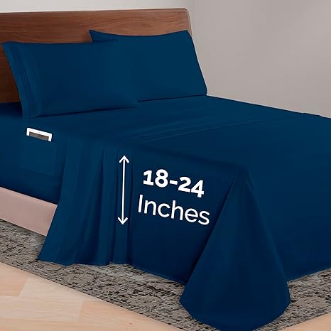 Elegant Comfort Luxurious 1500 Premium Hotel Quality Microfiber 4-Piece Sheet Set, 18-24 Inches Deep - Extra Deep Pocket Sheets - Ultra Soft 4PC Deep Pocket Sheets, Queen, Navy Blue
