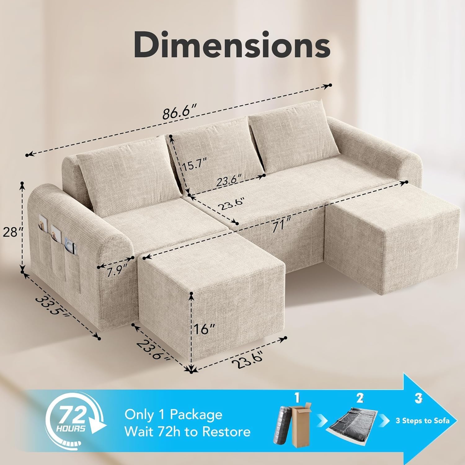 86.6" Cloud Boneless Sectional Sofa with Ottoman, L-Shaped Modular Couch for Living Room, Ultra Deep Seat Chenille Fabric Sofa, No Assembly Required, Beige