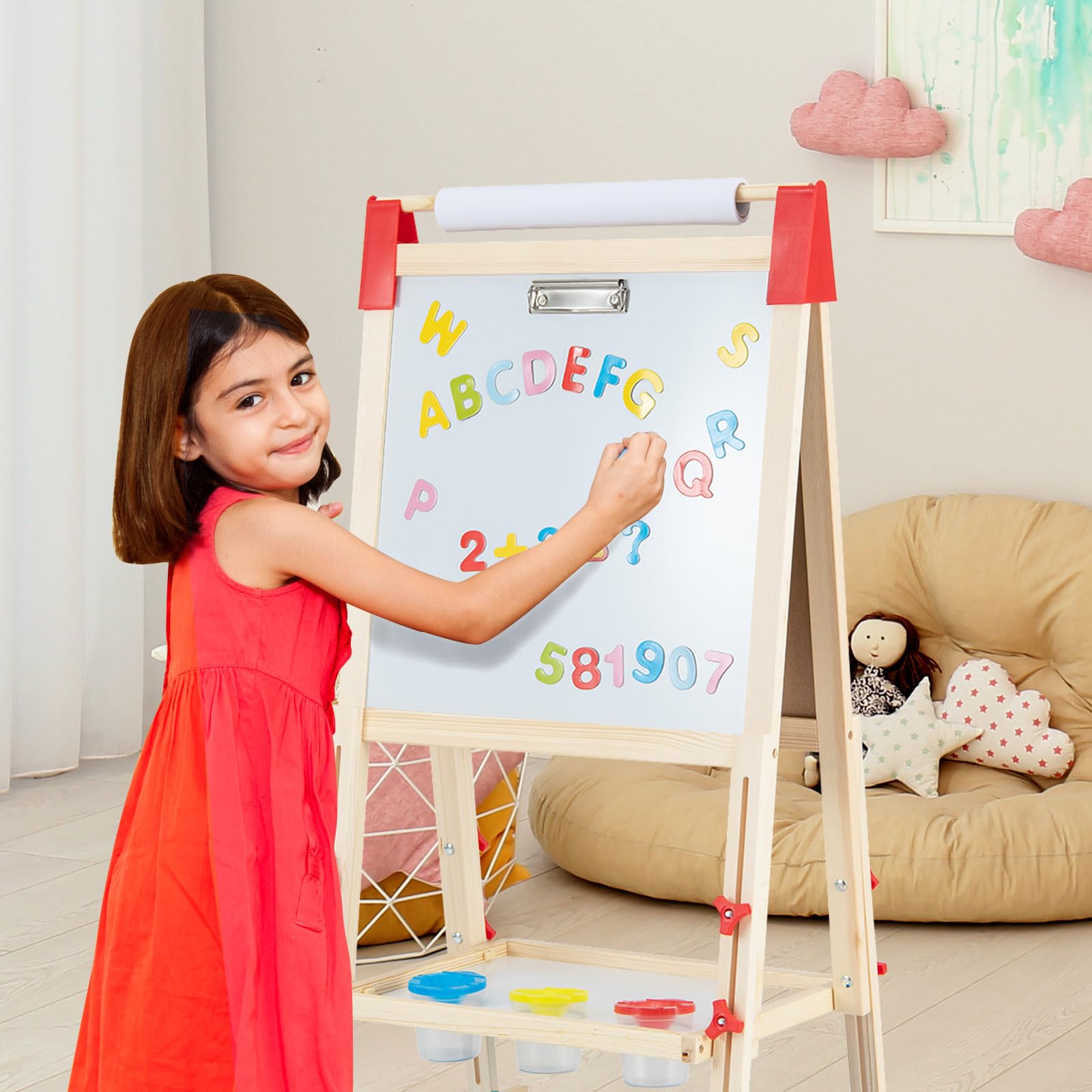 COSTWAY Caballete Infantil Ajustable en Altura, Caballete de Doble Lado con Pizarra de Tiza y Pizarra Blanca, Rollo de Papel, Imanes de Letras y Números, para Niños 3-8 Años (Azul)
