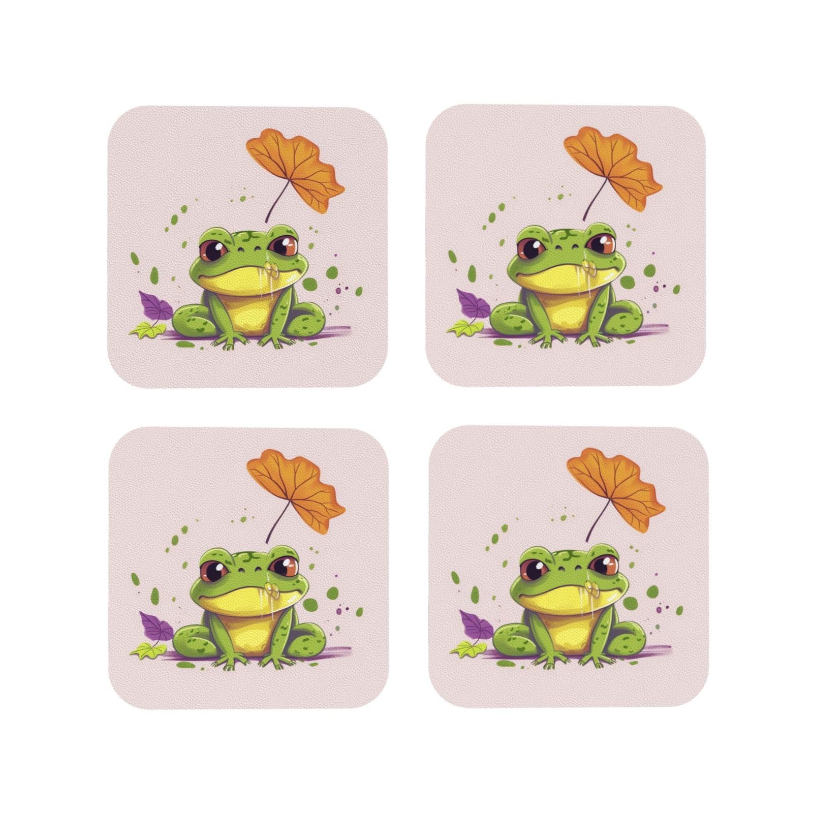 4pcs Drink Coasters for Tabletop Protection, 4" Leather Coasters for Drinks, Leaves and Frog Cup Coasters for Coffee Table Decor, Non-Slip Drinking Cup Mat for Hot Or Cold Drink