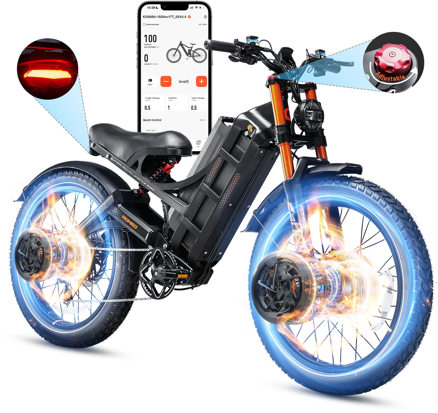 eAhora2025 Romeo Pro 3/ Pro 2 5600W/ 4000W 46-50MPH Dual Motor Electric Bike for Adults, 80/70Ah/200+ Miles Long Range Electric Bike, 26'' Puncture-Proof Tire, 7-Speed Pedal Assist UL Certificate