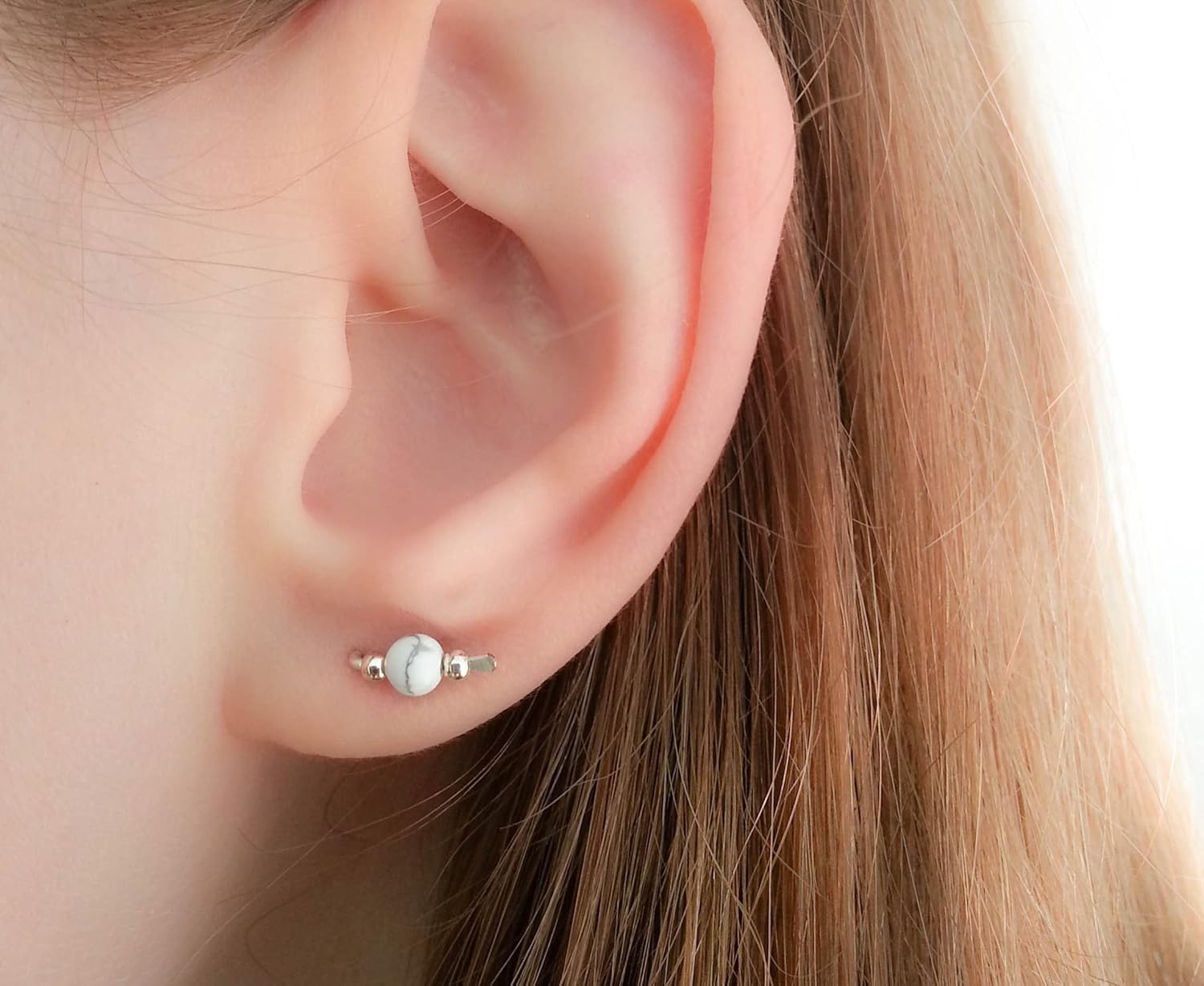 Tiny Marble Stud Earrings White Howlite Stone Sterling Silver Small Mini Climbers