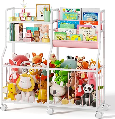 Miniatura 8 de BBLIKE Organizador de almacenamiento de animales de peluche, estantería rodante para niños y almacenamiento de juguetes con exhibición de libros de