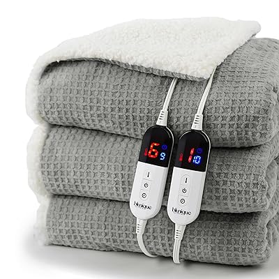 Heated Blanket Electric Blanket Queen Waffle, 84x90 Inches Dual Controllers Sherpa Fleece Fast Heating Blanket 6 Heating Levels & 10 Hours Auto Off ETL Certification, Sage Queen