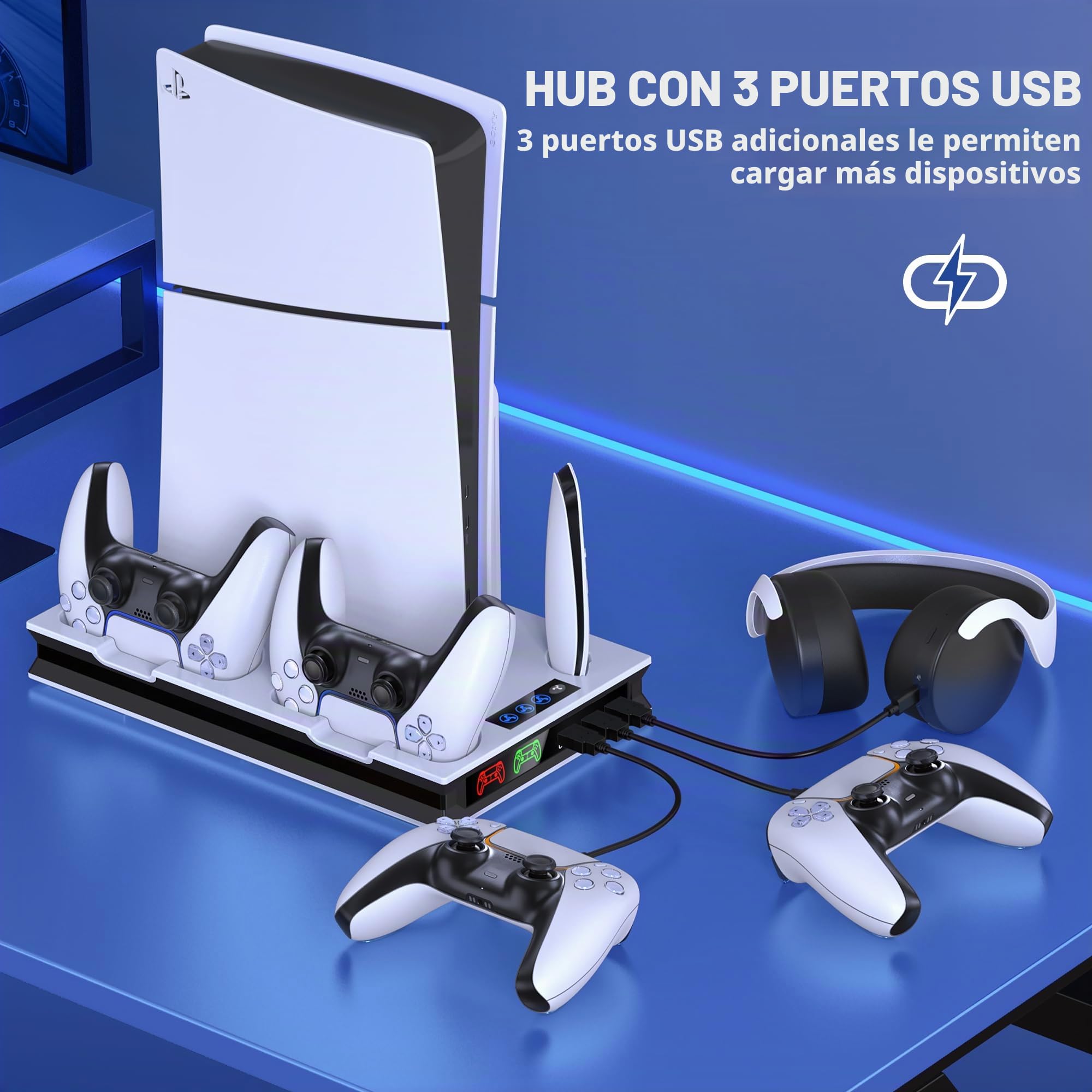 GAMSINGY Soporte para PS5 con ventilador, soporte para PS5/Slim/Pro Disc/Digital Edition, soporte para auriculares/controlador PS5 estación de carga/mando a distancia Solt/3 USB Hub