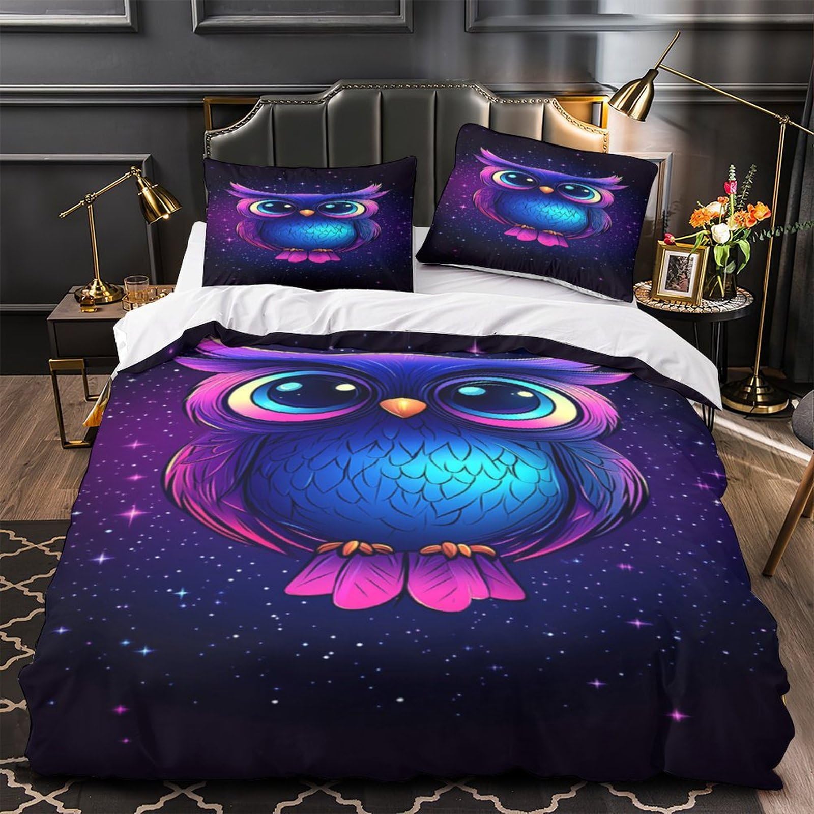 Linge de lit chic motif hibou coloré impression 3D premium
