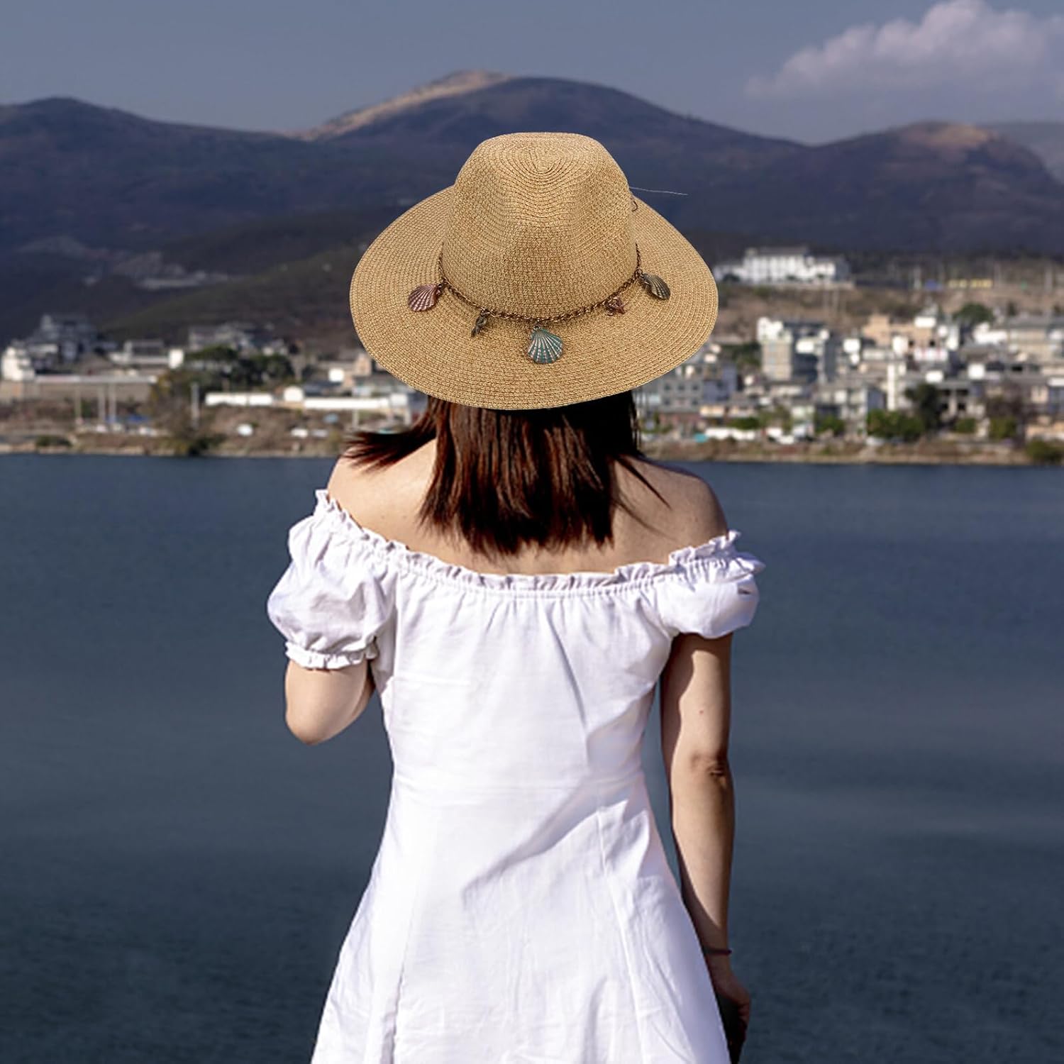 Woven Straw Sun Shade Hat for Women, Summer Bucket Hat with Wide Brim, Khaki Outdoor Beach Sunburn Protection Cap