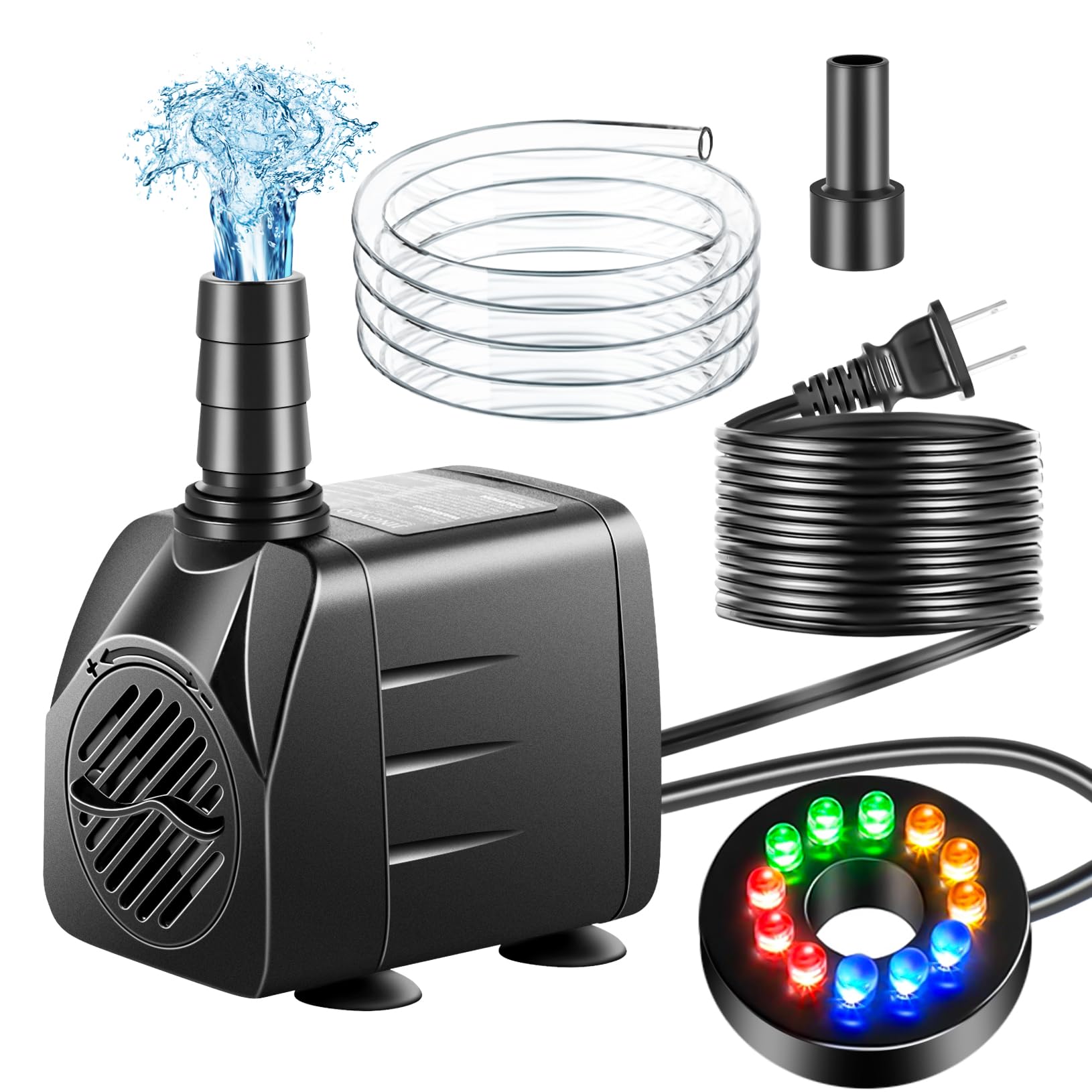 Submersible Pump, Small Fountain Pump with Tubing, Submersible Water Pump for Aquarium Fish Tank Indoor or Outdoor Pond Fountain Hydroponics Statuary (10W 160GPH, With Led Light)