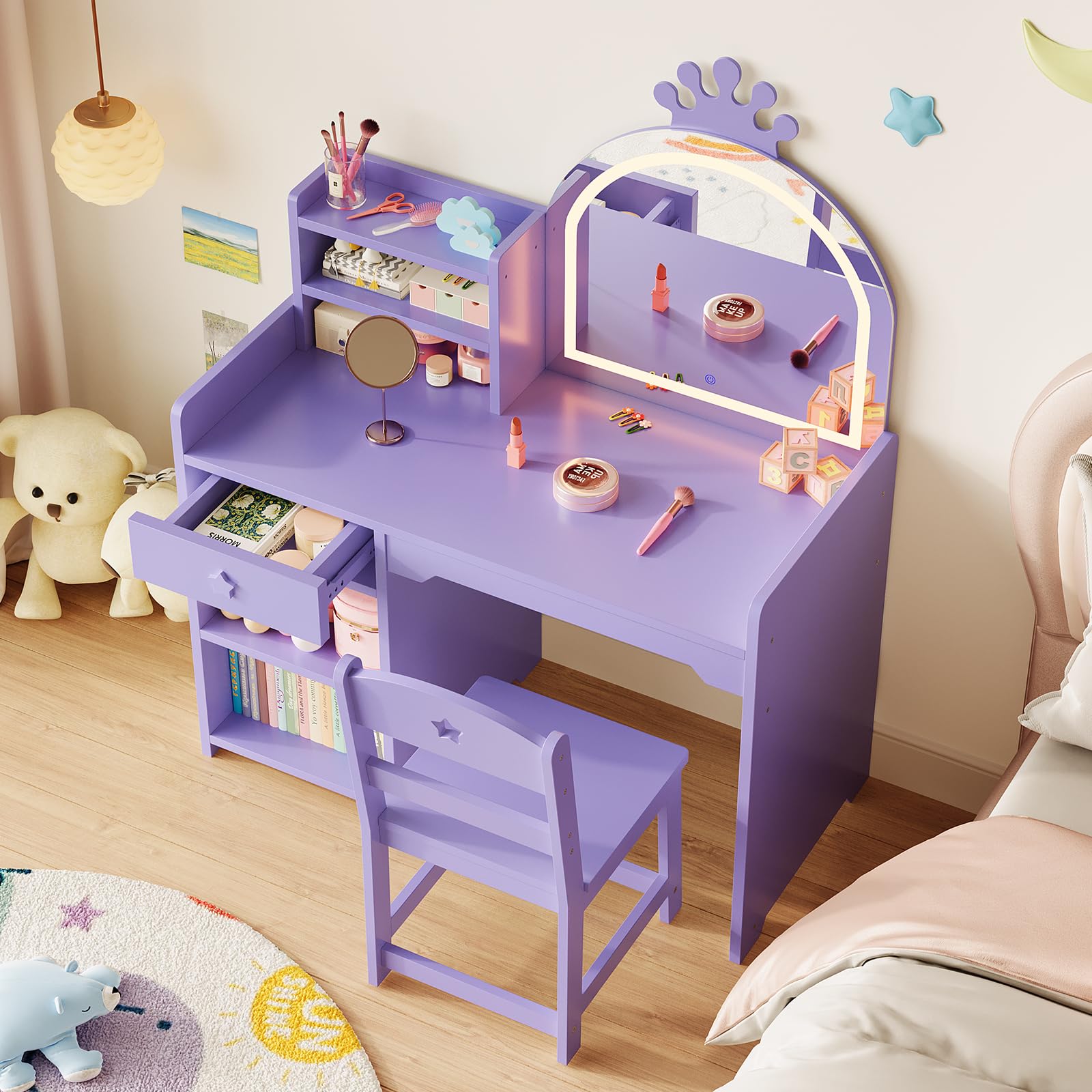 Zstar 3-in-1 Kinder Schminktisch Set, Schminkkommode Mit LED-Leuchten | Offenes Bücherregal&Aufbewahrung, Frisiertisch Für Mädchenzimmer, Ink. Hocker&Spiegel