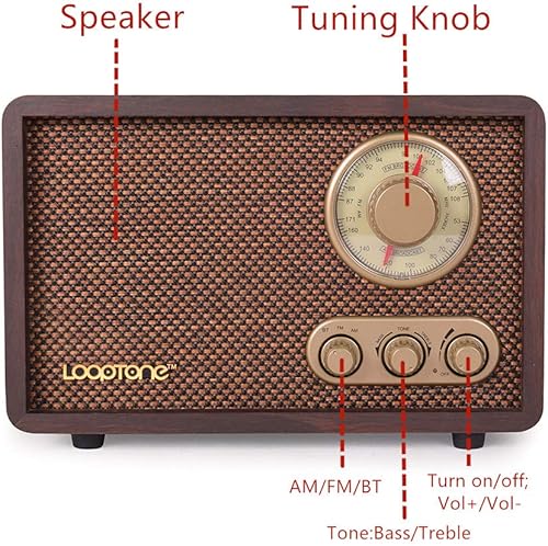 Miniatura 4 de LoopTone Radio FM AM Radio retro de madera con Bluetooth Play MP3 y antena altavoz integrado para cocina, sala de estar, oficina (negro)