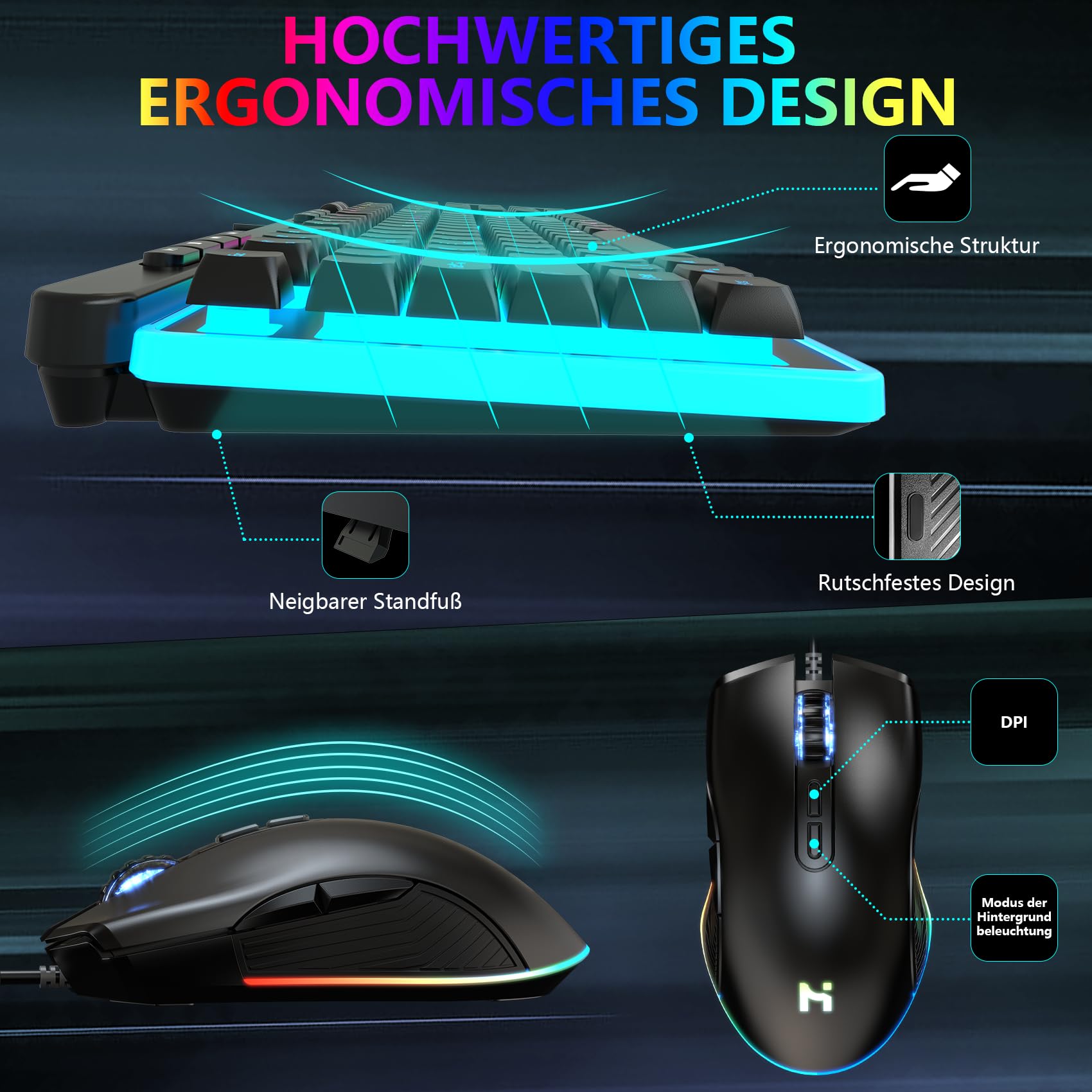 HLONONE Gaming Tastatur und Maus Set, Regenbogen LED Hintergrundbeleuchtung, USB Verkabelt, Ergonomische Tastatur für PC Gamer und Büro, QWERTZ DE Layout -Schwarz