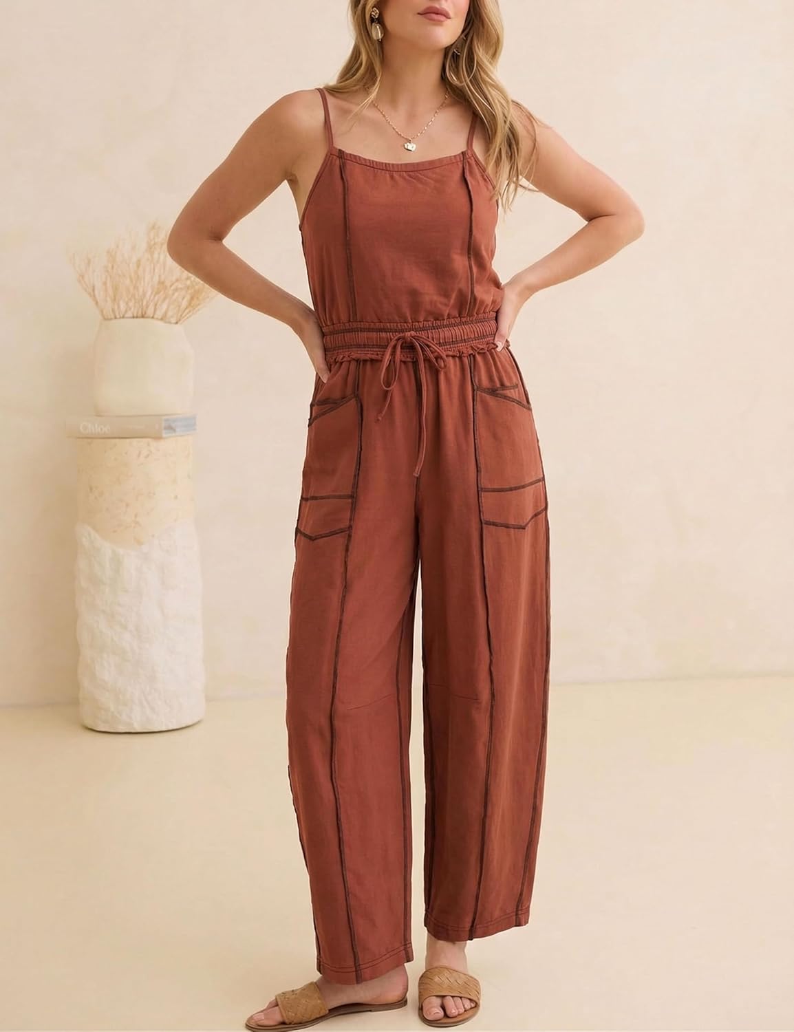 UANEO Women's Jumpsuit Adjustable Spaghetti Straps Summer Overalls Barrel Wide Leg Drawstring Rompers One Piece with Pockets