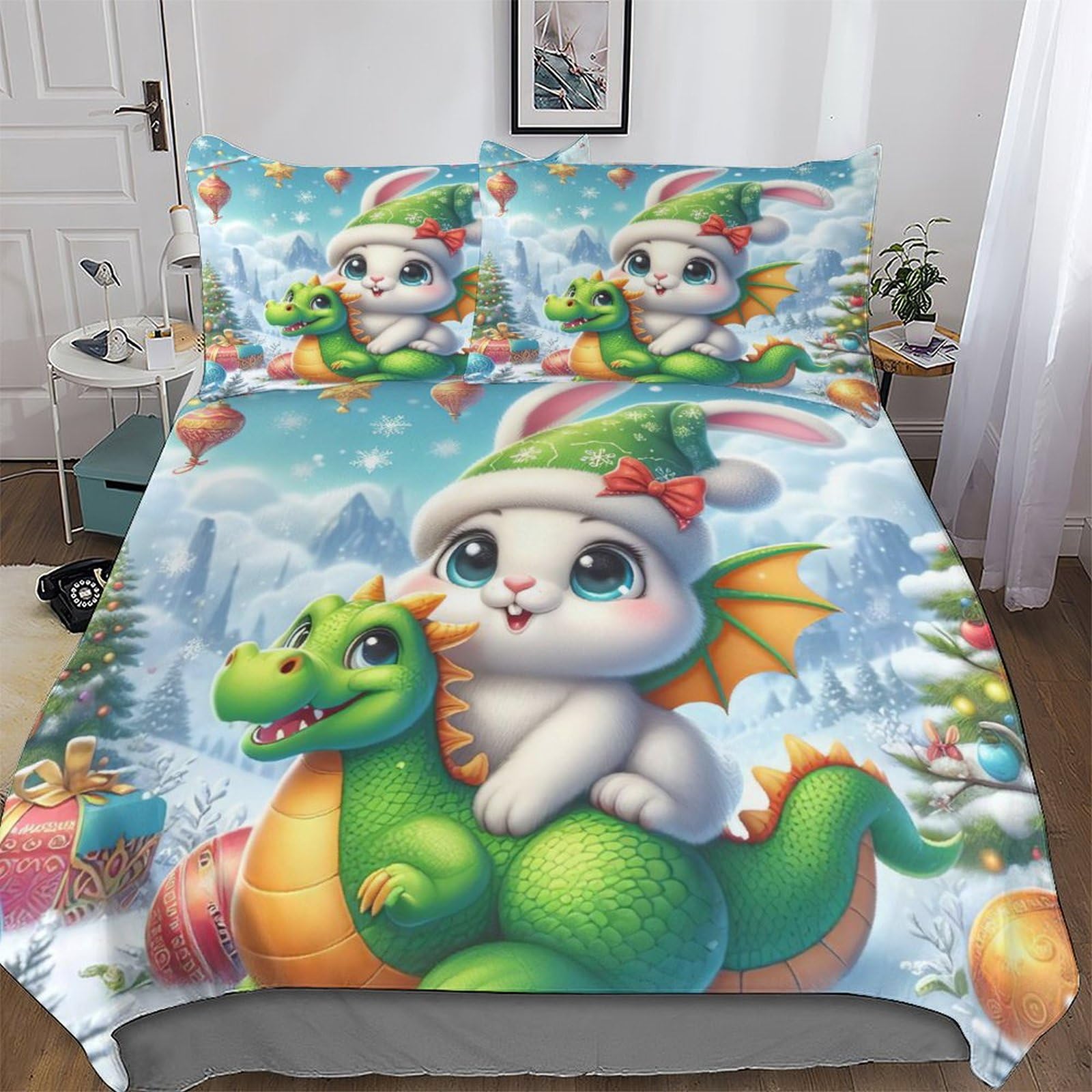 Housse de couette lapin 3D 200x200 parure de lit microfibre avec taies d'oreiller