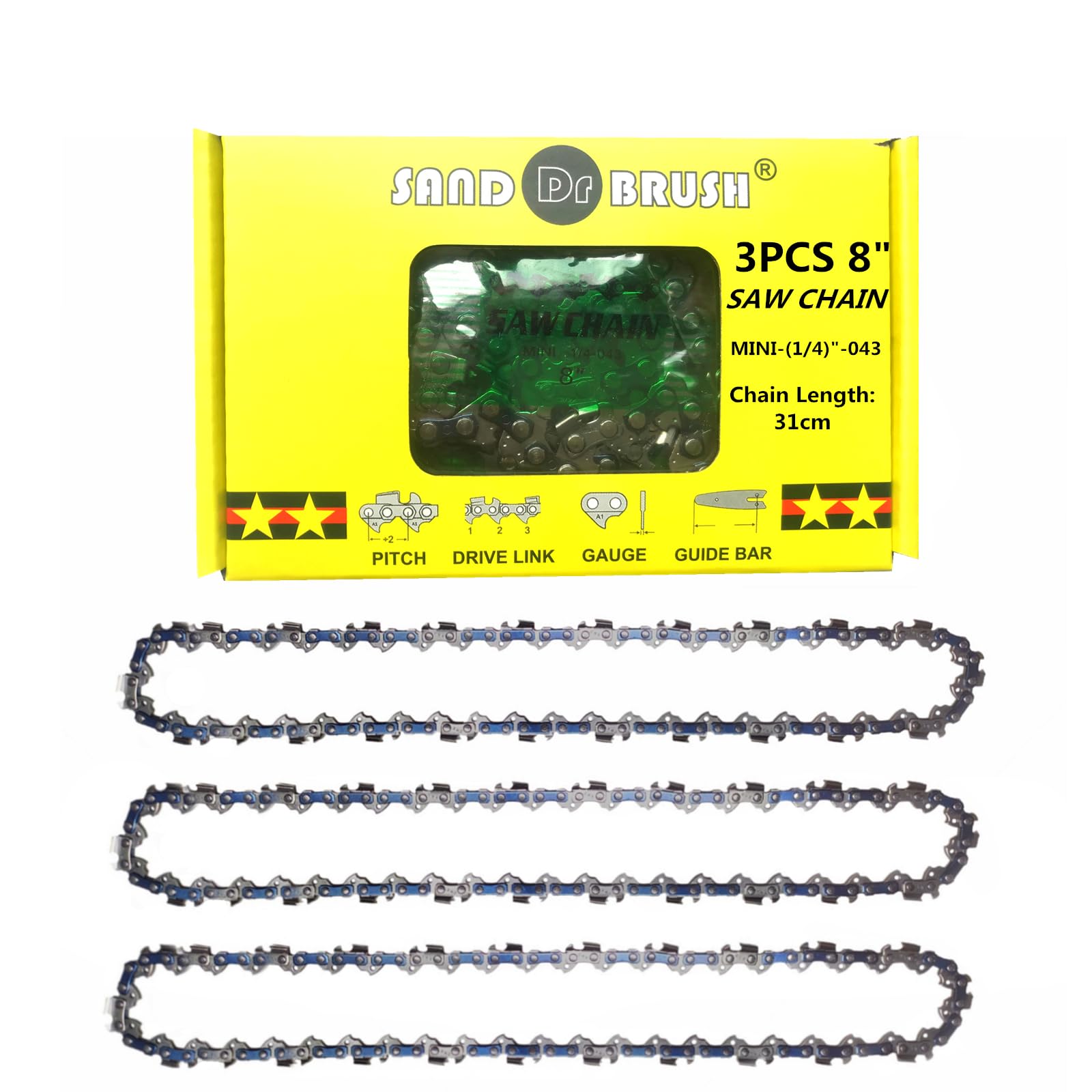 Catene 8 Pollici Sega Mini Motosega，Catena di Ricambio Ricaricabile Portatile da 8 pollici 3 pezzi，Catene Lunghezza 31cm，1/4"， 0.043"(1.1mm)，48DL (3PCS-8IN-1/4 043 48DL)