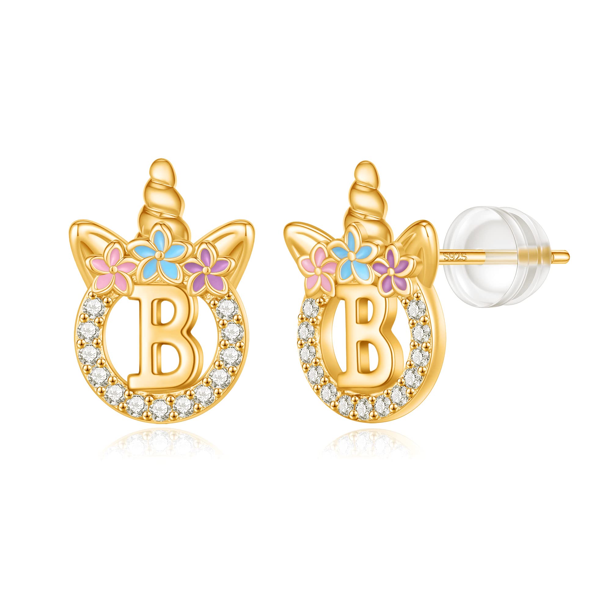 Unicorn Earrings Gifts for Girls - 925 Sterling Silver Stud Earrings Hypoallergenic Initial Unicorn Earring for Girls Kids Jewelry CZ Birthday Gifts