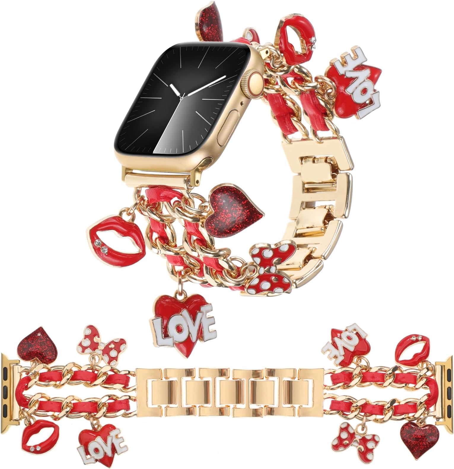 REALSIGNStylish Metal Bands Compatible with Apple Watch Band 49/46/45/44/42mm 41/40/38mm Women,Cuban Chain Band with Cute Pendants Love Cross Charms Strap for iWatch Series 10 9 8 7 6 5 4 3 2 SE