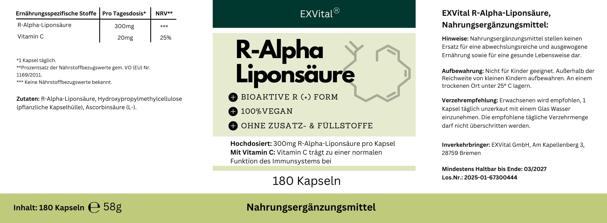 EXVital® R-Alpha-Liponsäure, hochdosiert mit 300mg pro Kapsel, in natürlicher R-Form, 180 Kapseln, vegan & ohne Zusätze, laborgeprüft