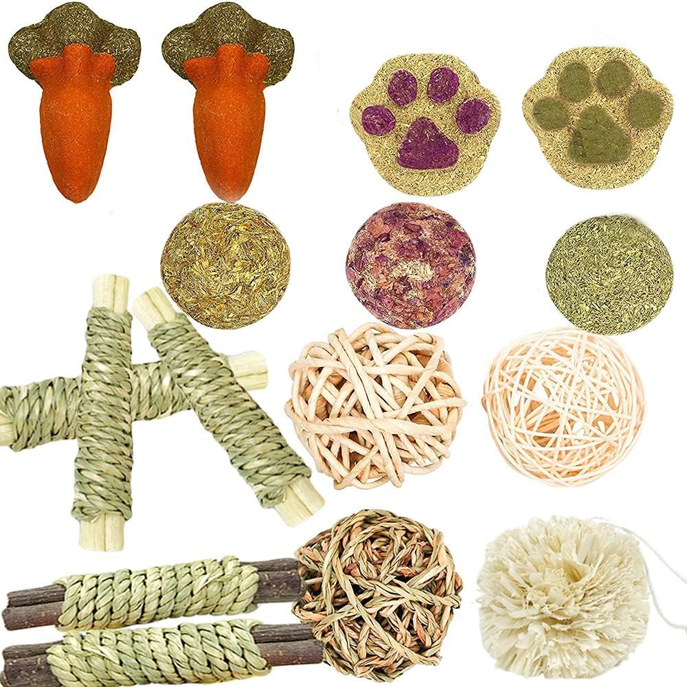 16 juguetes de hámster para dientes, juguetes de conejillo de indias, bolas de juego de conejo, juguetes molares naturales para el cuidado de los dientes para hámster, conejo