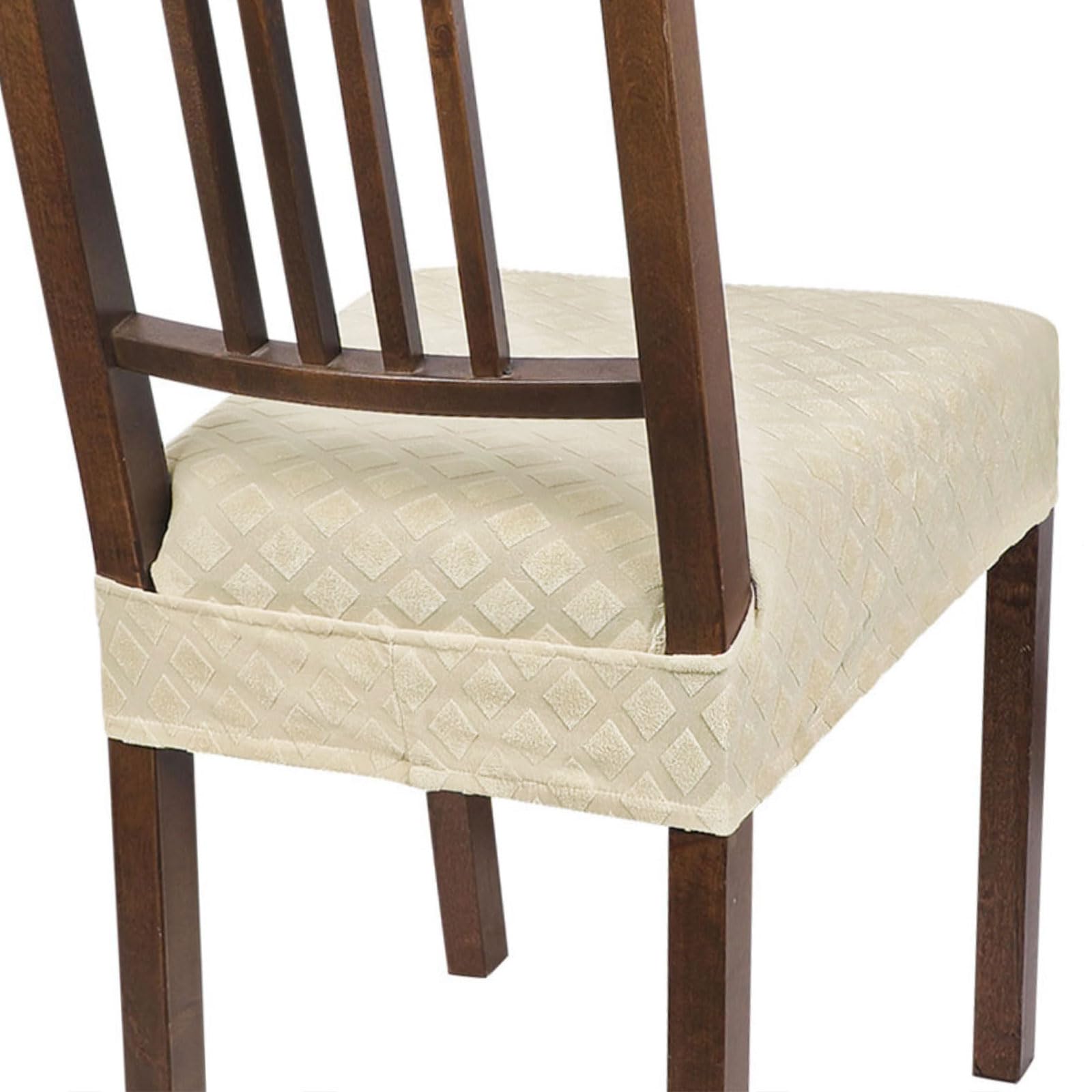 SearchI Stretch Dining Chair Seat Covers Set of 6, Soft Removable Washable Seat Covers for Dining Chairs, Dining Room Seat Cover Slipcover Protector (Rear-Covered, Beige Diamond Jacquard) — image 1