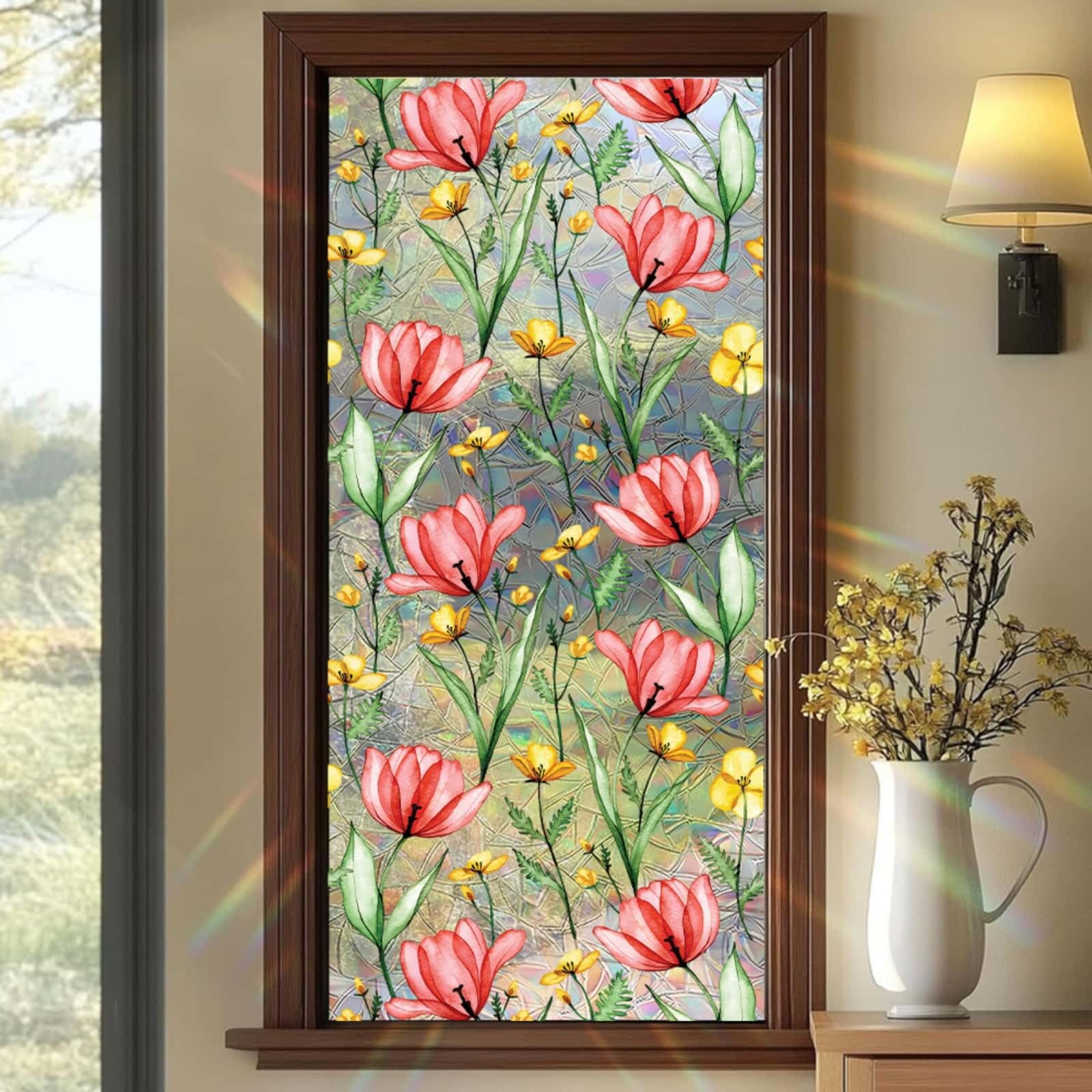 Window Film Privacy 43x100cm Plant Red Pink Privacy Film for Glass Windows Office Kitchen Living Room Bathroom Opaque Reusable Window Stickers for Glass