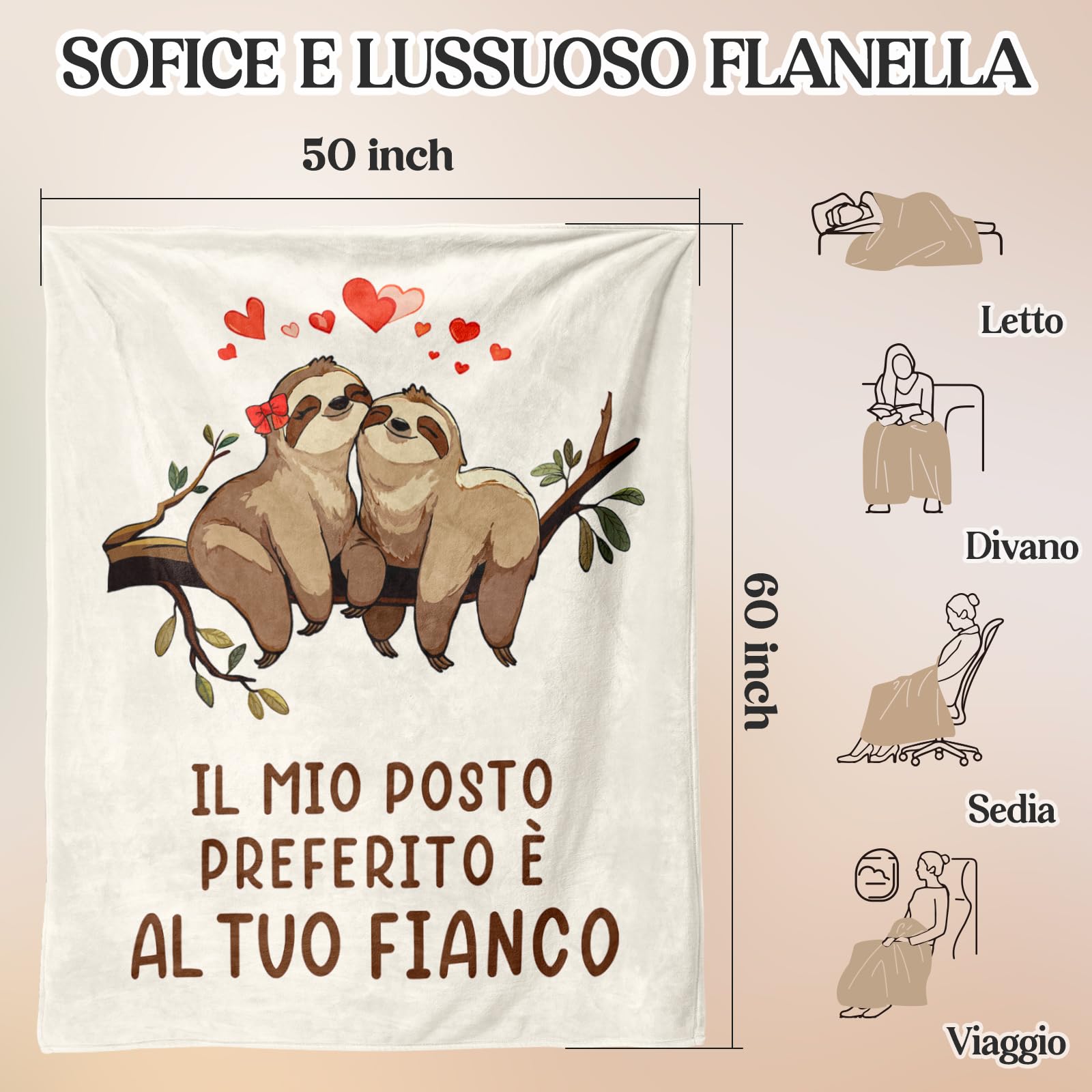 Regalo Fidanzato Fidanzata Moglie, Regalo Anniversario per Lei Lui, Romantico Regali di Coppia San Valentino Natale Compleanno, Regalo Matrimonio Fidanzamento, Ti Amo Coperta Bradipo 157x132CM