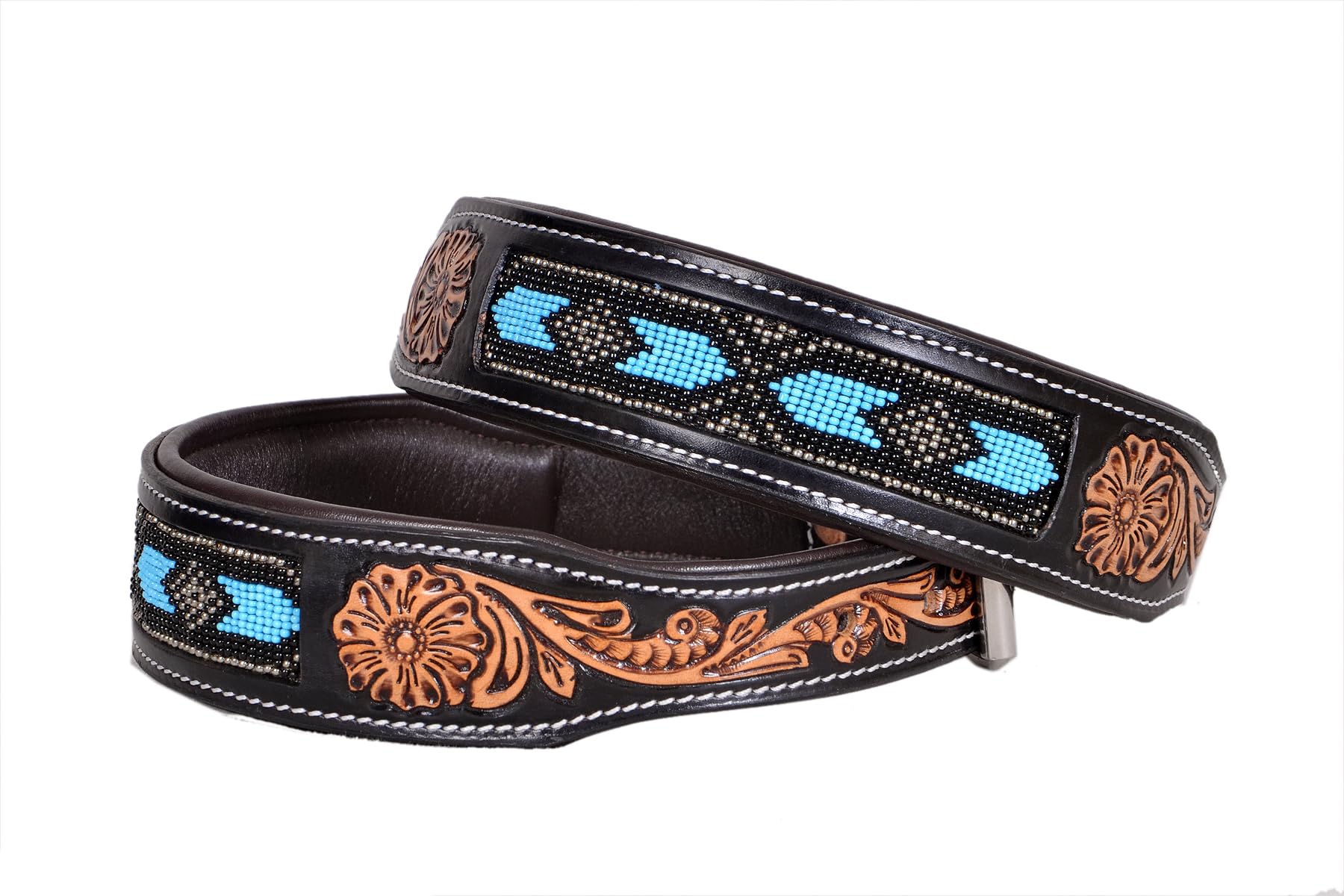 10IS015-S Hundehalsband, Leder, klein, Western-Stil, strapazierfähig, handgedreht, verstellbar, mit Perlen und gepolstert, weich für Welpen und große Hunde
