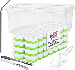 CKE Ice Cube Tray with Lid and Bin, 4 Pack Premium 56pcs Stackable Silicone Plastic Ice Cube Trays for Freezer, BPA Free Ice Trays with Bin, Scoop, Tong and SS Straw, for Drinks - Buy now