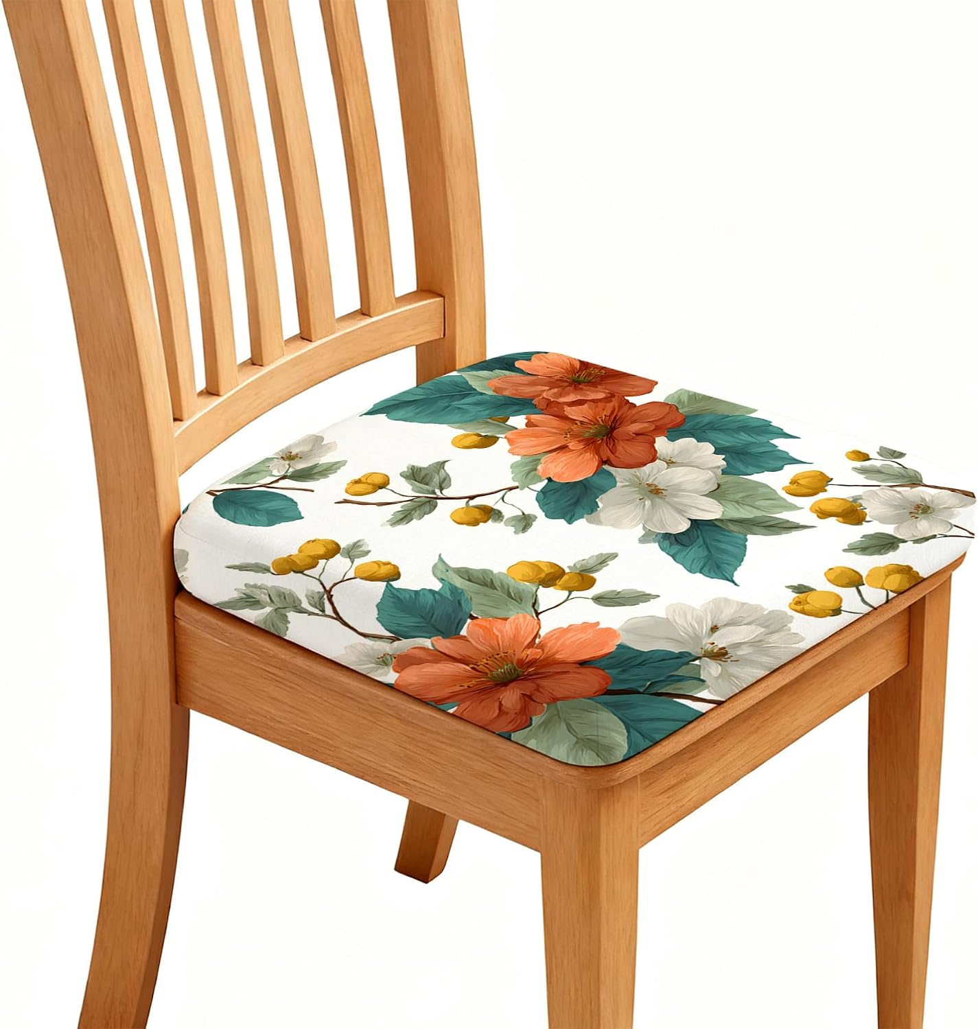 Chair Seat Covers - Stretch Printed Dining Room Chair Cover with Elastic Ties Removable Washable Dining Upholstered Chairs Protector (Flower, Pack of 4)