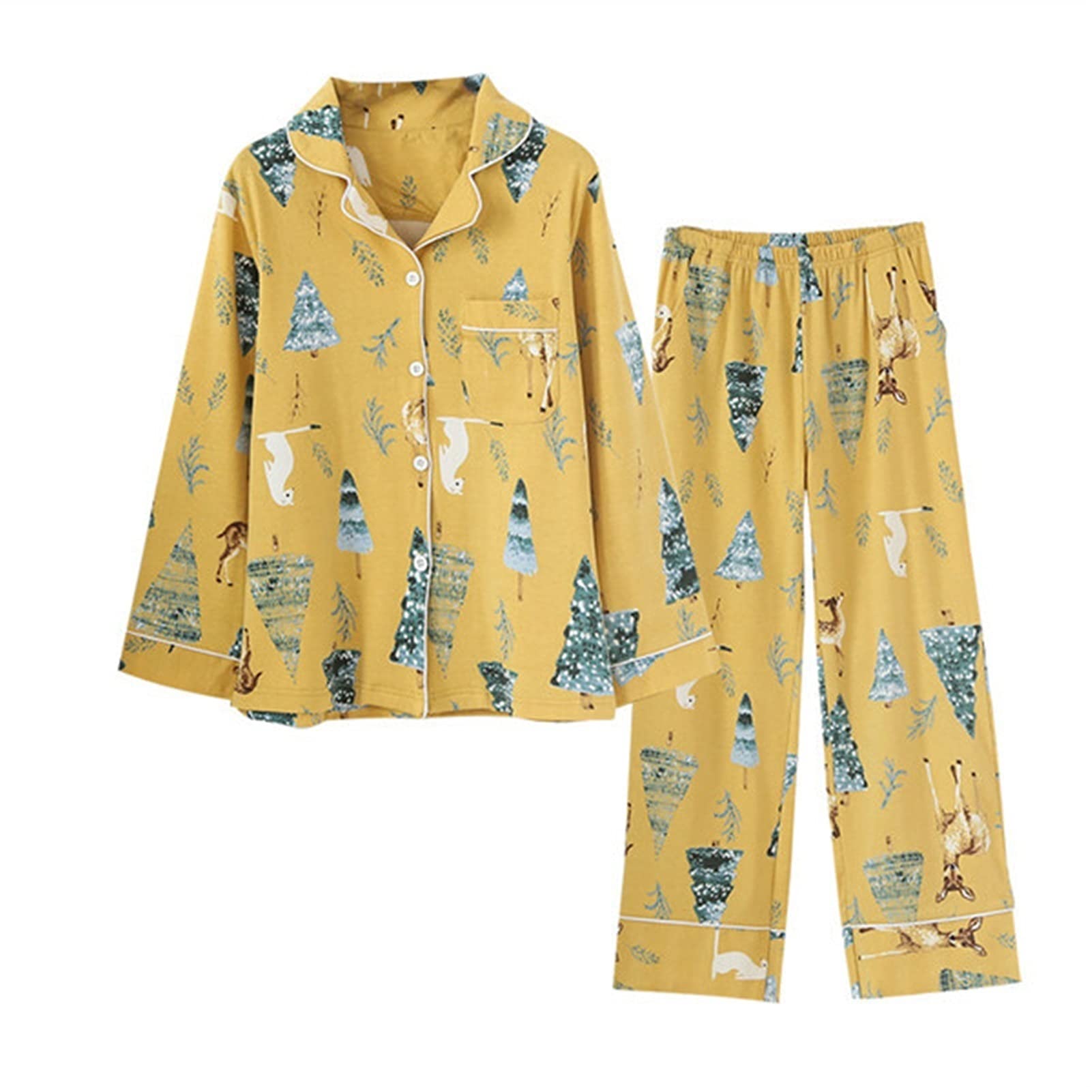 Pijama Mujeres 2 Piezas Pijamas Conjunto algodón Planta Suave impresión Animal Ocio Manga Larga Pantalones Primavera otoño Ropa de Dormir camisón(L Size)