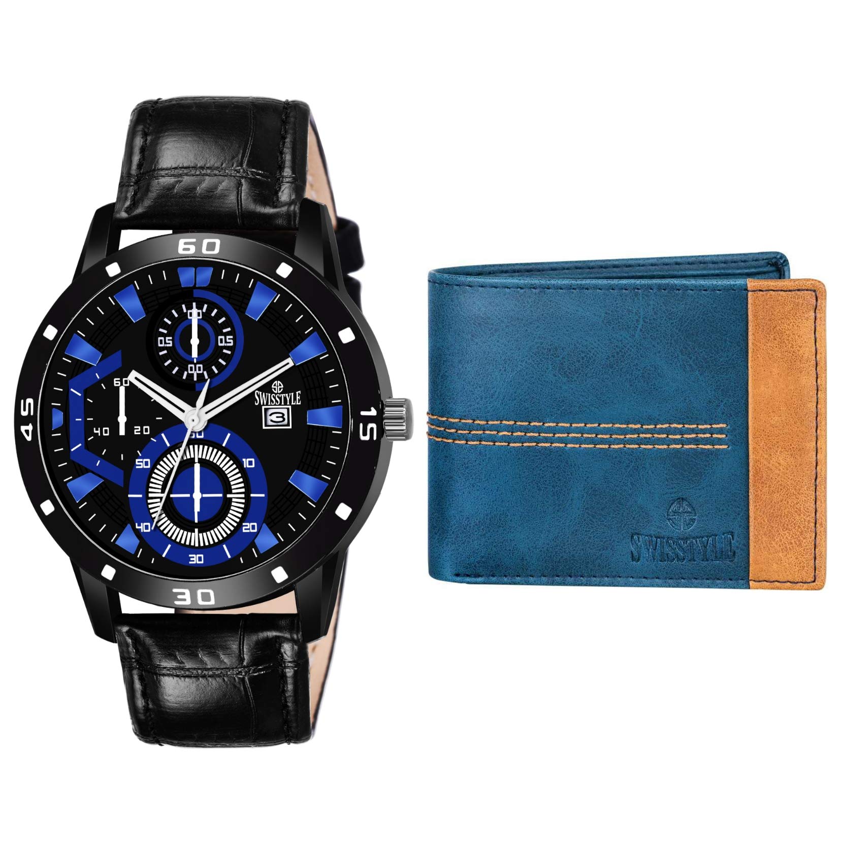 SWISSTYLE Blue Genuine Leather Wallet and Analog Date Display Watch for Mens - SS-WLCMB-14 (B083KH88TR) Amazon Price History, Amazon Price Tracker