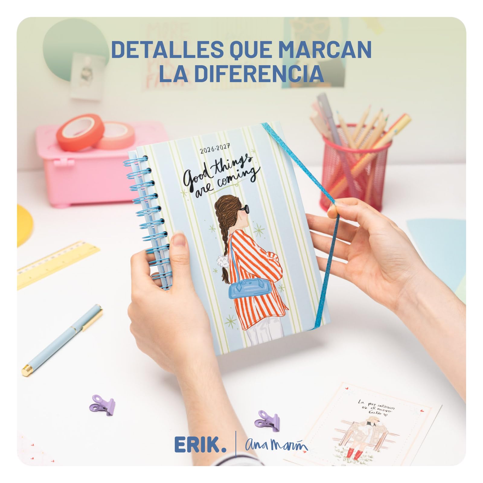 Grupo Erik Agenda escolar 2026 2027 Semana Vista Ana Marin en Español - Agenda Semana Vista A5 para niñas de Universidad e Instituto con Pestañas [Curso 26/27] Con Tapa dura, Pegatinas e Ilustraciones