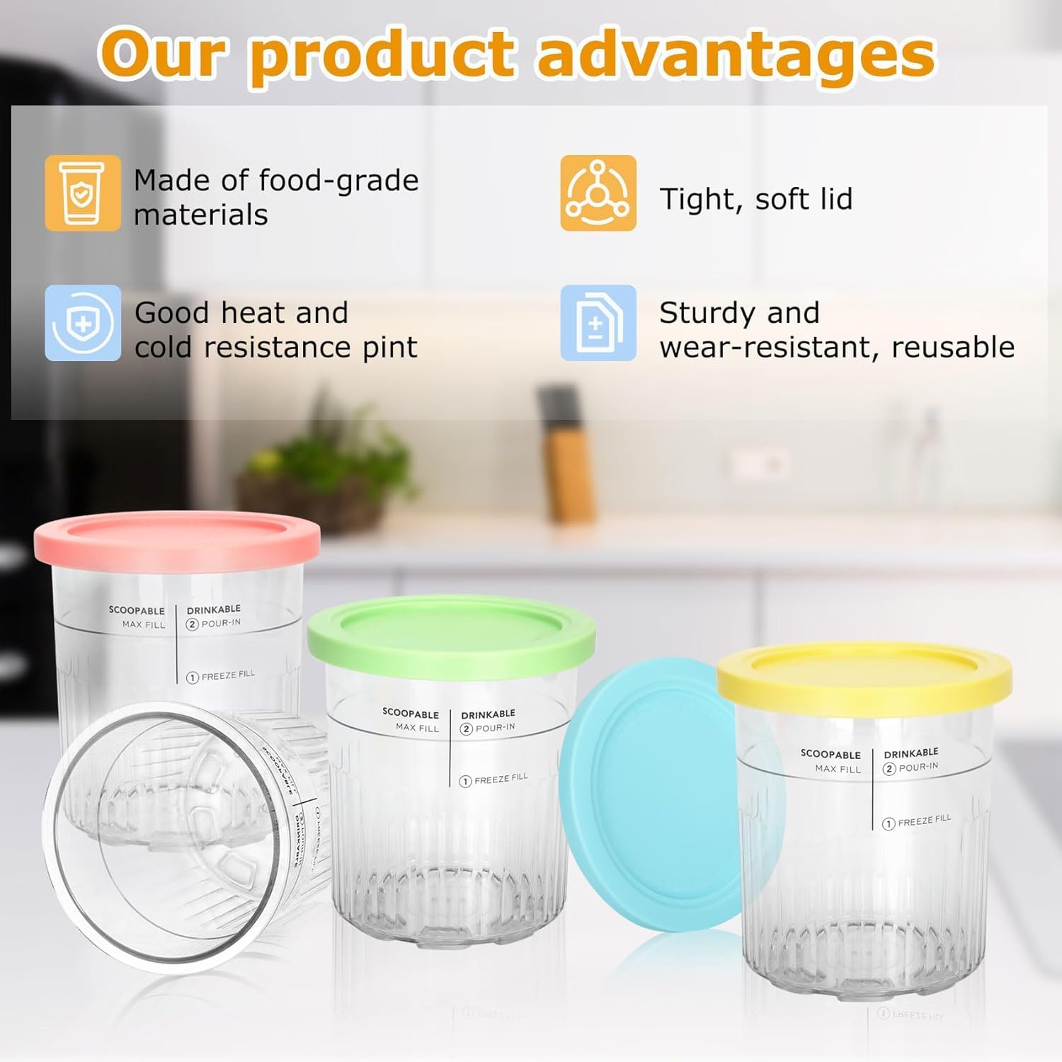 Lot de 4 récipients de rechange Creami pour ninja Creami Deluxe Pint 680 ml NC501, compatible avec la machine à crème glacée Ninja NC501 NC500 de la série Creami Luxe, avec un bac à glace anti-fuite
