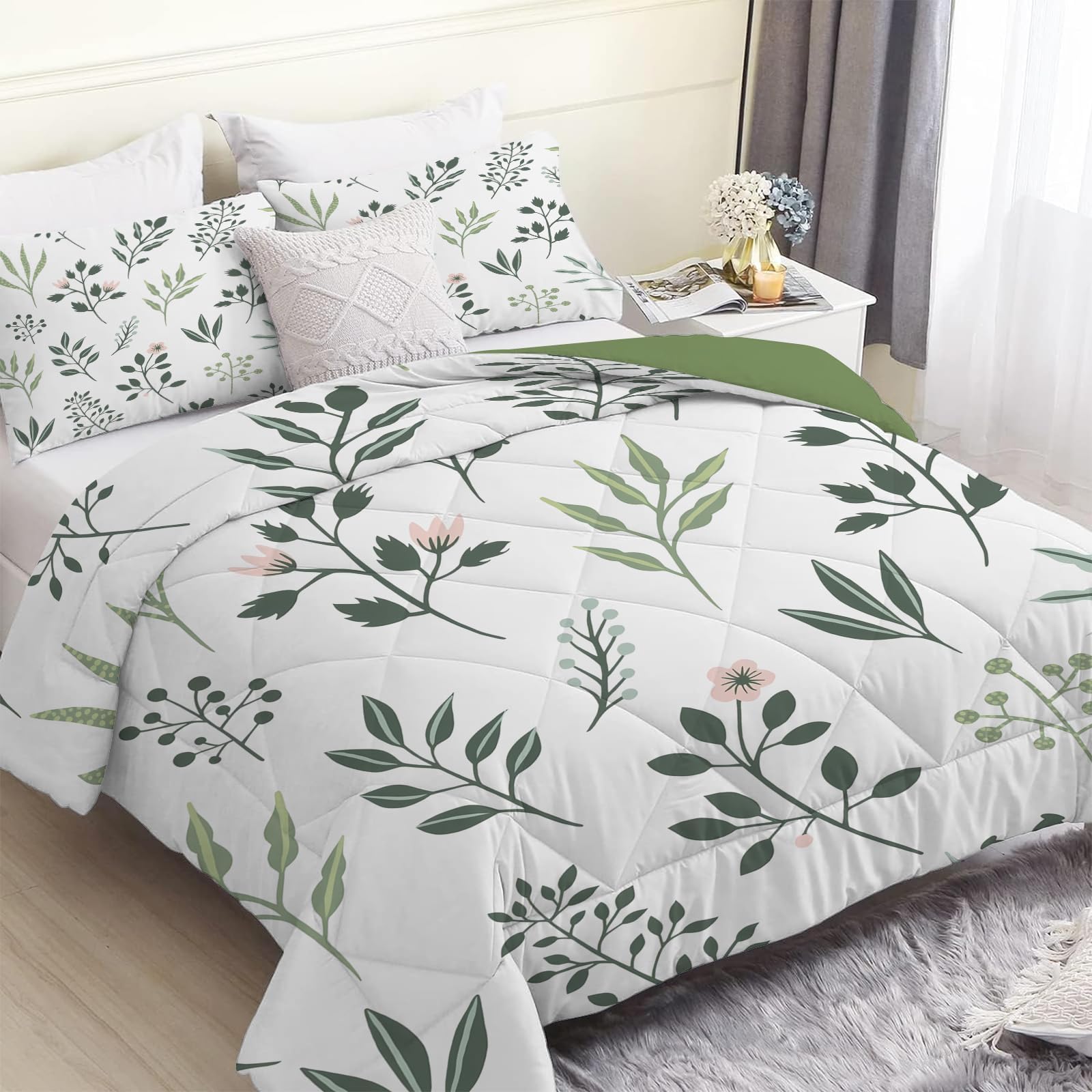 Linfye White Branches Super King Duvet, Reversible Coverless Olive Green Botanical Duvet Super King Size, Anti Allergy Bed Quilt 7.5 Tog for All Seasons - 1 Soft Comforter Bedding with 2 Pillowcases