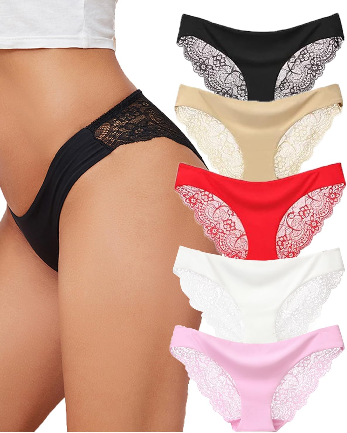Justgoo Womens Sexy Thongs Lace Panties Underwear Low Rise Plus Size Underpants Pack of 5