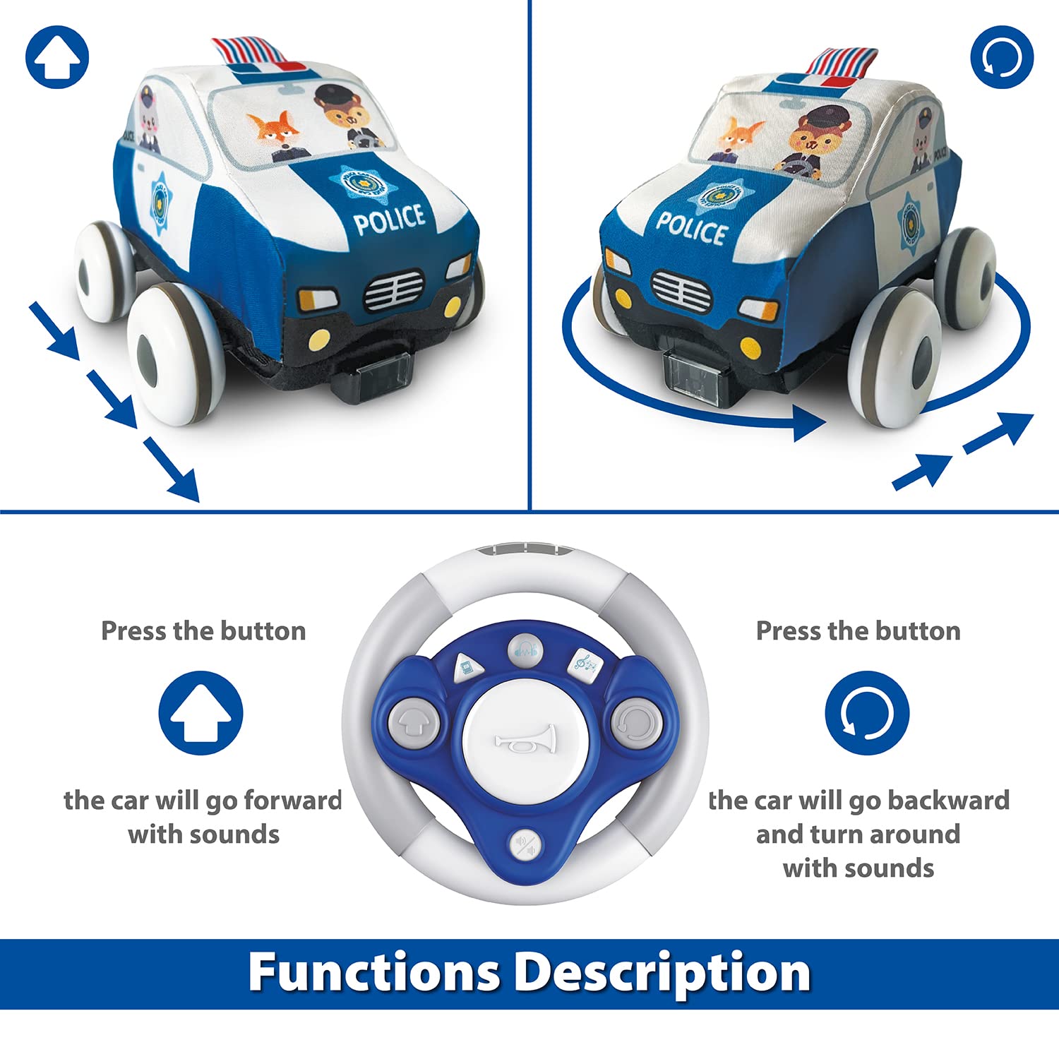MONDO Toys - Soft Sponge Polizeiauto - IR Soft-Schwamm-Maschine waschbar - Lenkradfernbedienung Multifunktion inklusive - 5 Kinderlieder, 2 Lieder zum Lernen, 18 MIDIS - 63736
