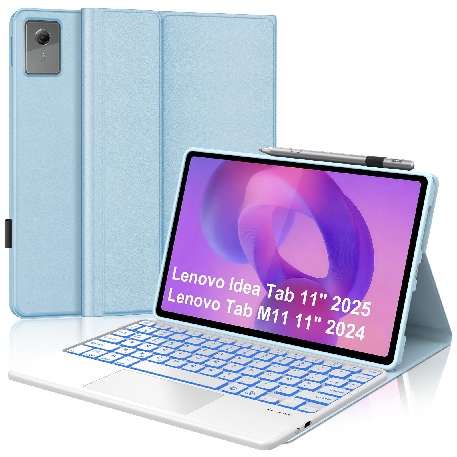 FOGARI Per Lenovo Idea Tab 2025 11/Tab M11 2024 11 Pollici Cover Tastiera | Custodia Tastiera Bluetooth Rimovibile con Retroilluminazione 7 colori e Touchpad, Keyboard Wireless Portatile, Azzurro
