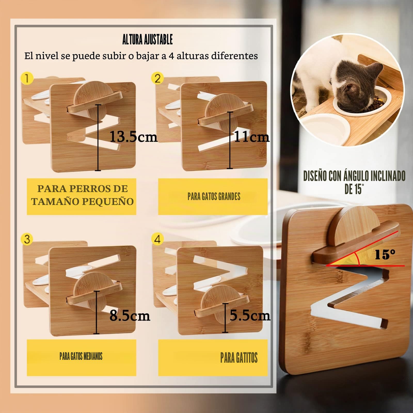 Comedero Gato,Comederos para Gatos Elevado Cuenco de Cerámica Comederos y Bebederos para Gato y Perro , Regulable en altura Con elegante soporte de bambú y Antideslizante Manteles