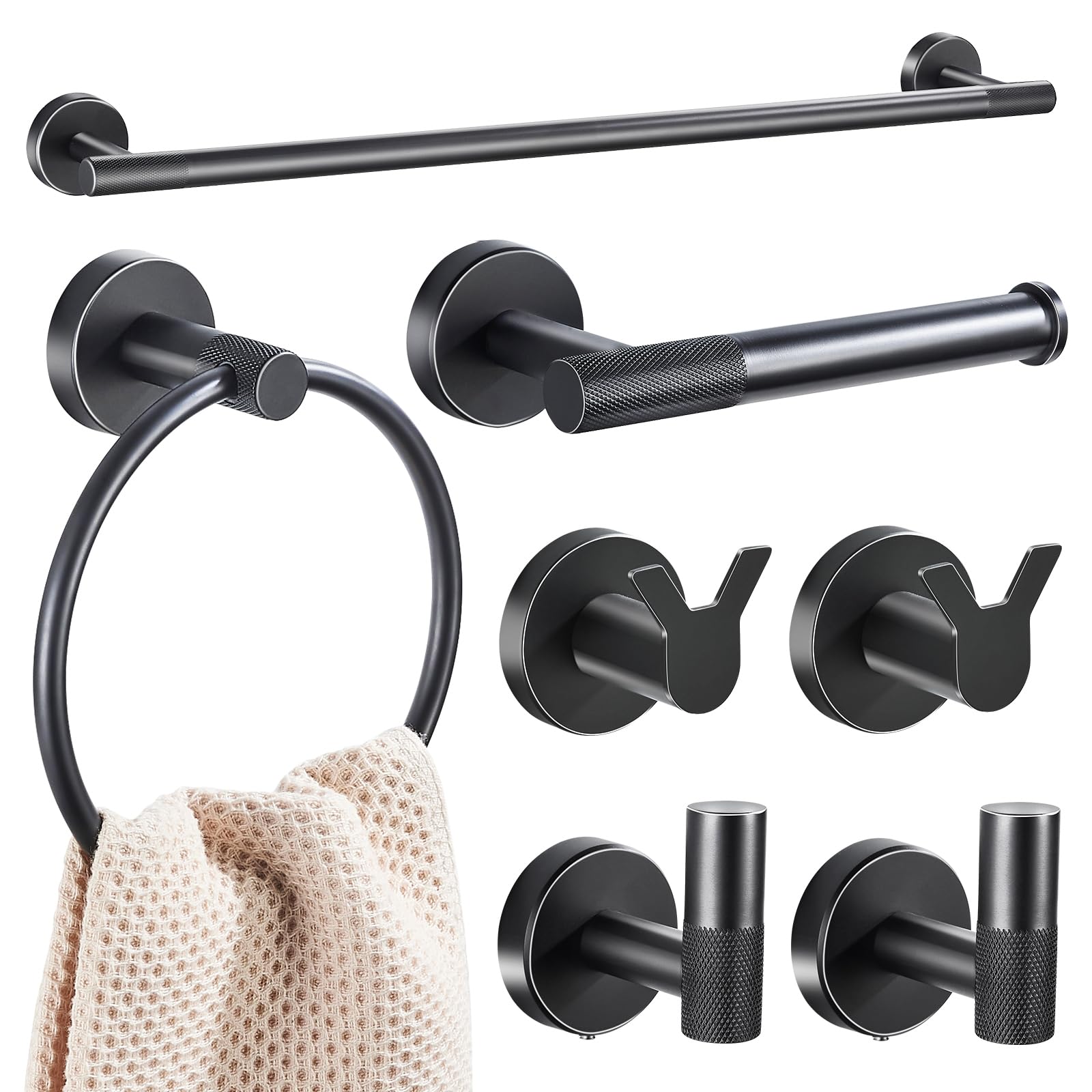 7 Pieces Bathroom Hardware Set, Black Towel Bars Round, Towel Holder for Bathroom Wall, Toilet Paper Holder Robe Towel Hook Wall Mounted, Modern Bathroom Accessories