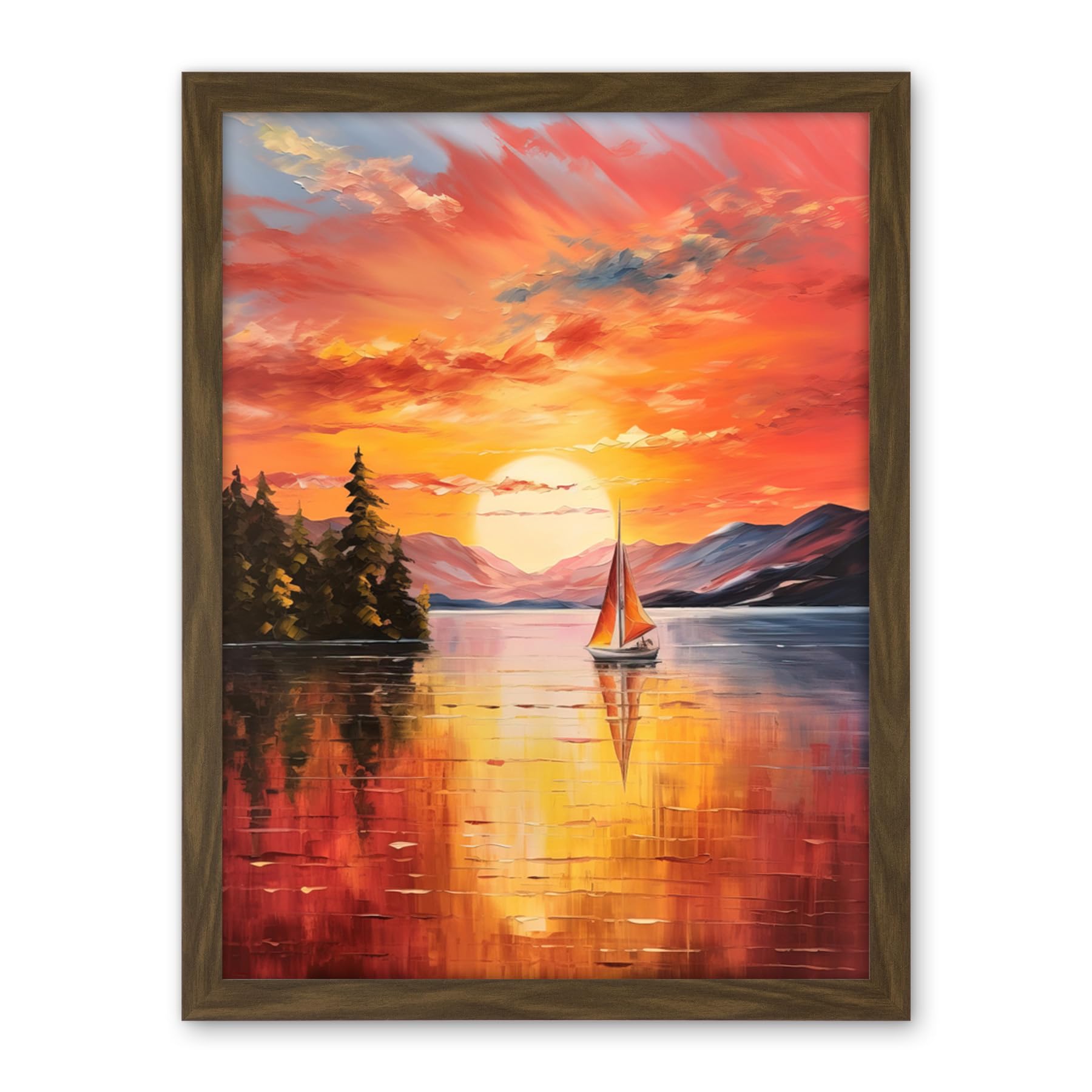 Artery8 Serene Lake Sunset Sailing Vibrant Oil Painting Sail Boat Lakeside Mountain Landscape Artwork Framed Wall Art Print 18X24 Inch
