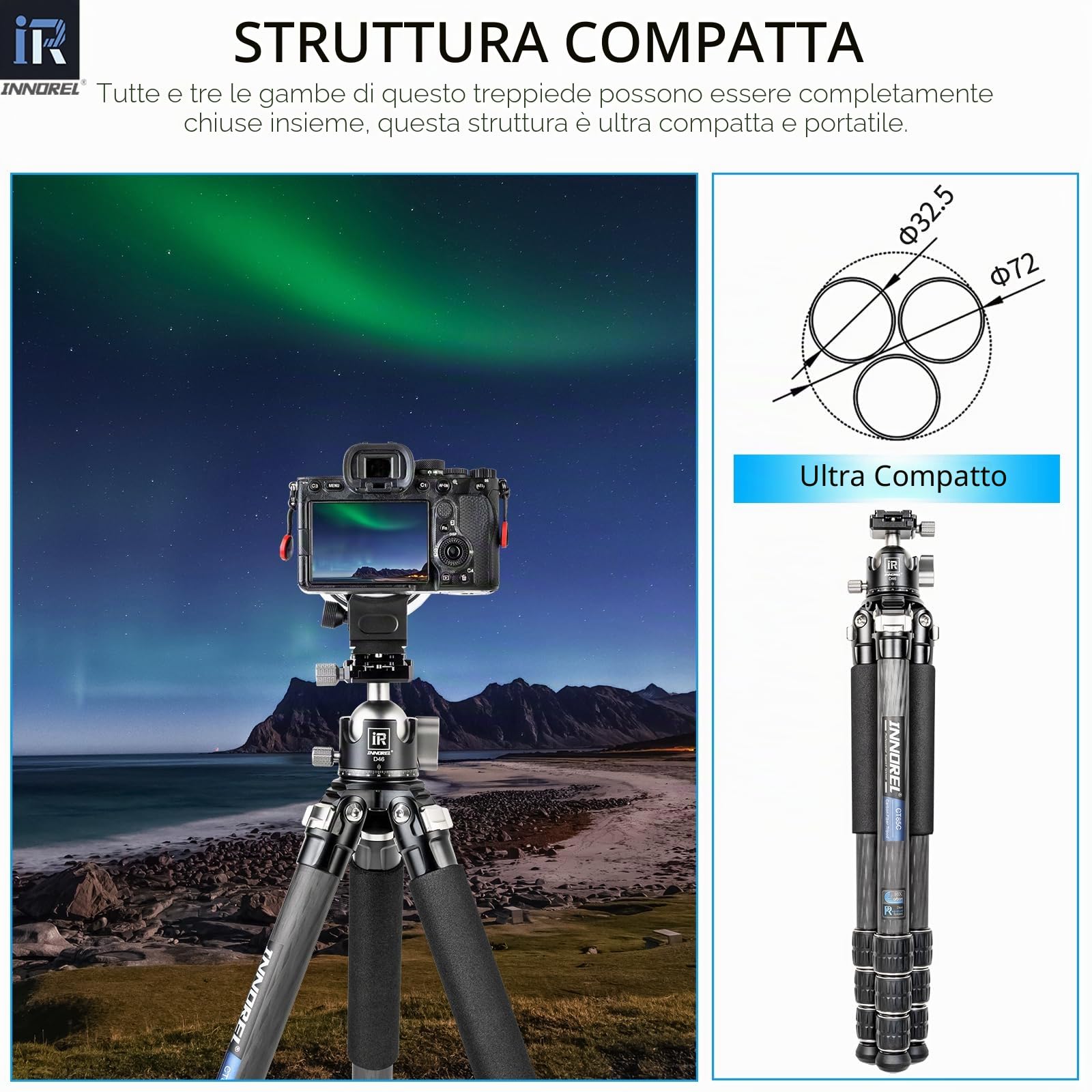 Treppiede in fibra di carbonio INNOREL CT85C Treppiede compatto professionale Supporto fotocamera pesante per videocamera DSLR con testa a sfera a bassa gravità 46mm Carico 25kg con colonna centrale