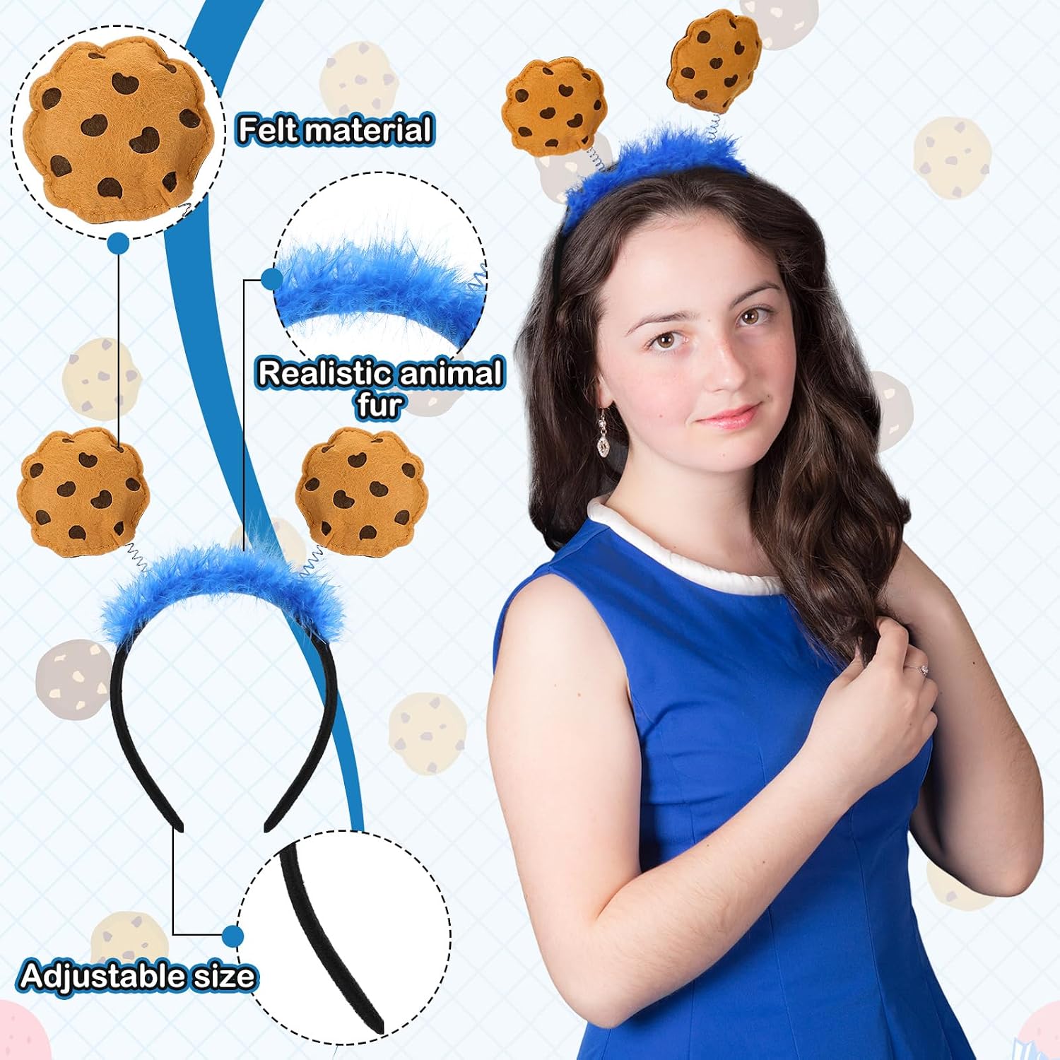 2 Pcs Halloween Cookie Costume for Women Men Monsters Costume Include Headband Blue Tutu with Chocolate Chip