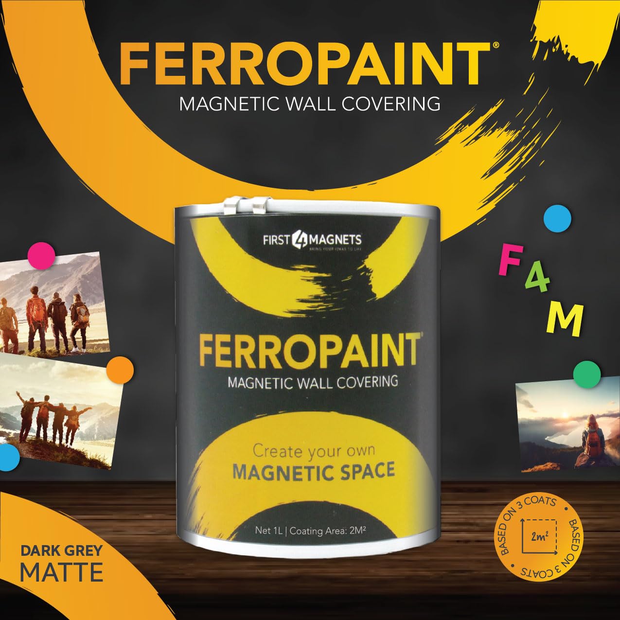 Ferropaint® Charcoal Magnetic Lack Für Wände, Schlafzimmer, Büro, Küche, Spielzimmer, Klassenzimmer, Diy und Renovierung - 1 Liter - 10 Dosen