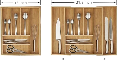 Miniatura 5 de Organizador de cajones de bambú – Soporte extensible para utensilios de cocina, organizador de cajones de cubiertos ajustable, bandeja de madera de
