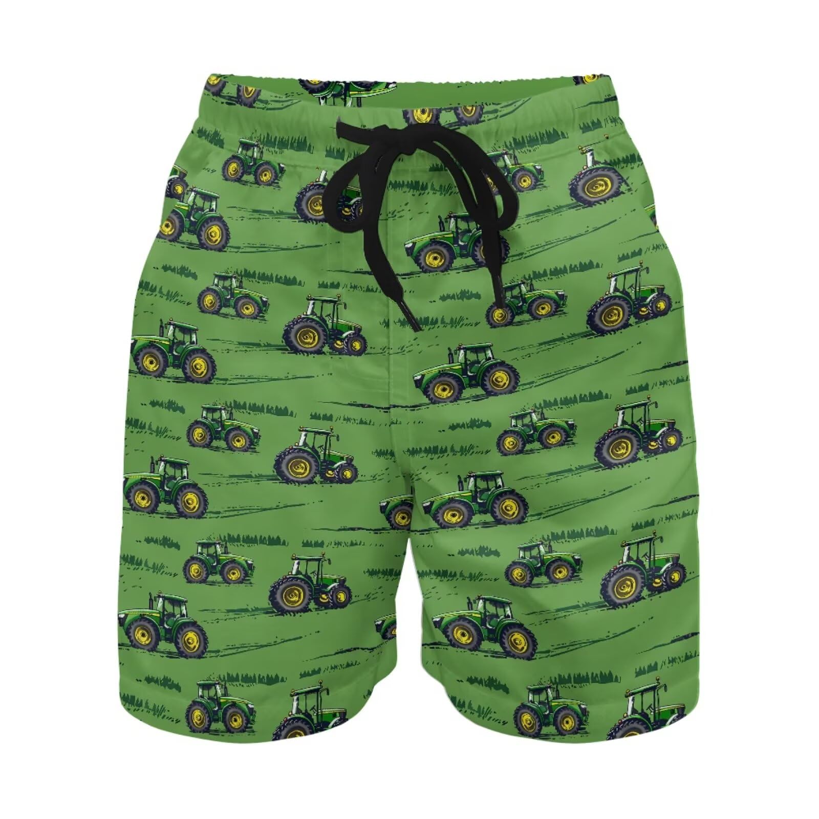 TOADDITDO Kids' Drawstring Beach Shorts with Comfort Lining Green Tractor Print Breathable Quick Dry Swimming Shorts with Pockets